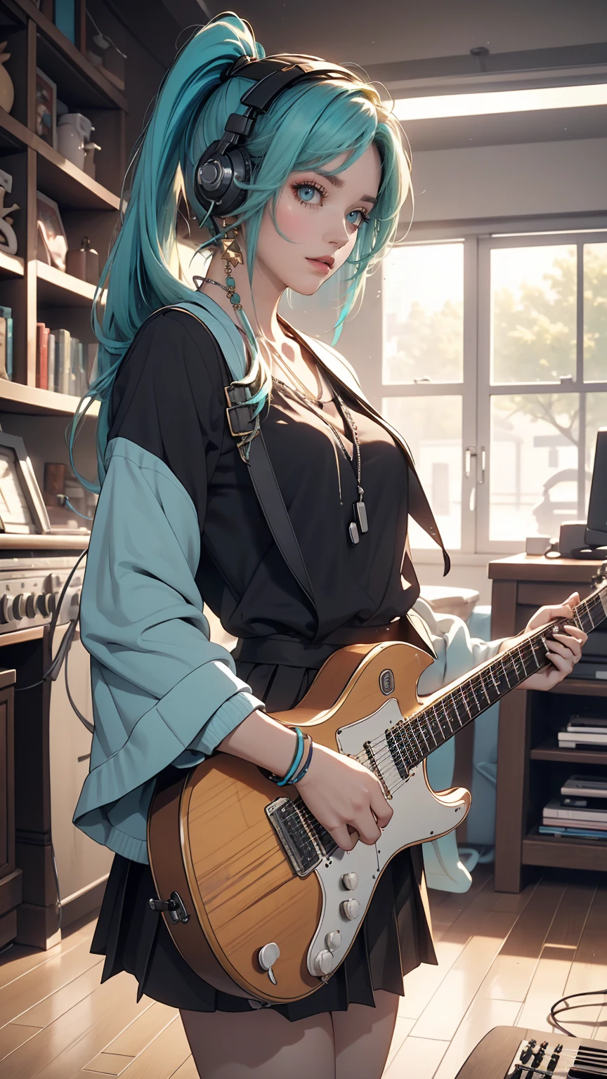 ((masterpiece, highest quality))One girl, alone, Black Dress, blue eyes, electric guitar, guitar, Headphones, Double Ponytail, Holding, Holding plectrum, musical instrument, Long Hair, music, One side up, Turquoise Hair, Twin tails, guitarを弾く, Pleated skirt, Black Shirt, interior