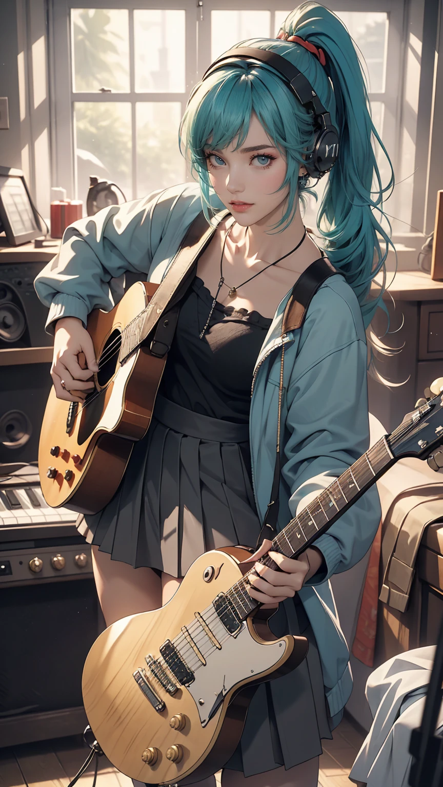 ((masterpiece, highest quality))One girl, alone, Black Dress, blue eyes, electric guitar, guitar, Headphones, Double Ponytail, Holding, Holding plectrum, musical instrument, Long Hair, music, One side up, Turquoise Hair, Twin tails, guitarを弾く, Pleated skirt, Black Shirt, interior
