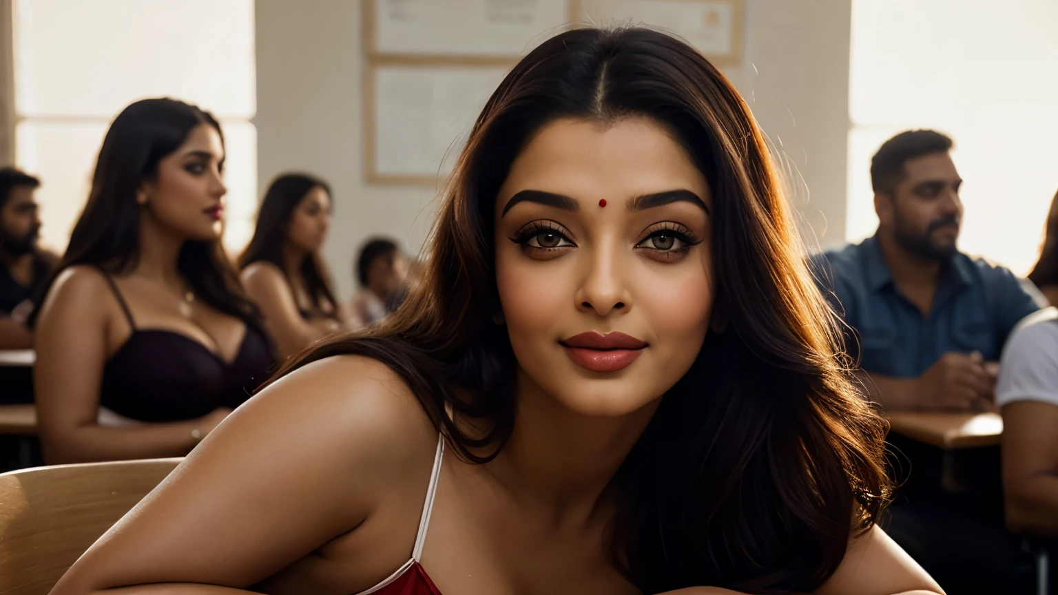 close-up portrait of a beautiful aishwarya rai, big cheeks, curvy, swooping big breasts, deep cleavage, ass, smile, lying on chair in a classroom, surrounded by men, (backlight), realistic, masterpiece, high quality, lens reflection, red lips, wearing satin silk lehenga, shadow, flower, chromatic aberration]], by Jeremy Lipking, by Antonio J. Manzanedo, digital painting,