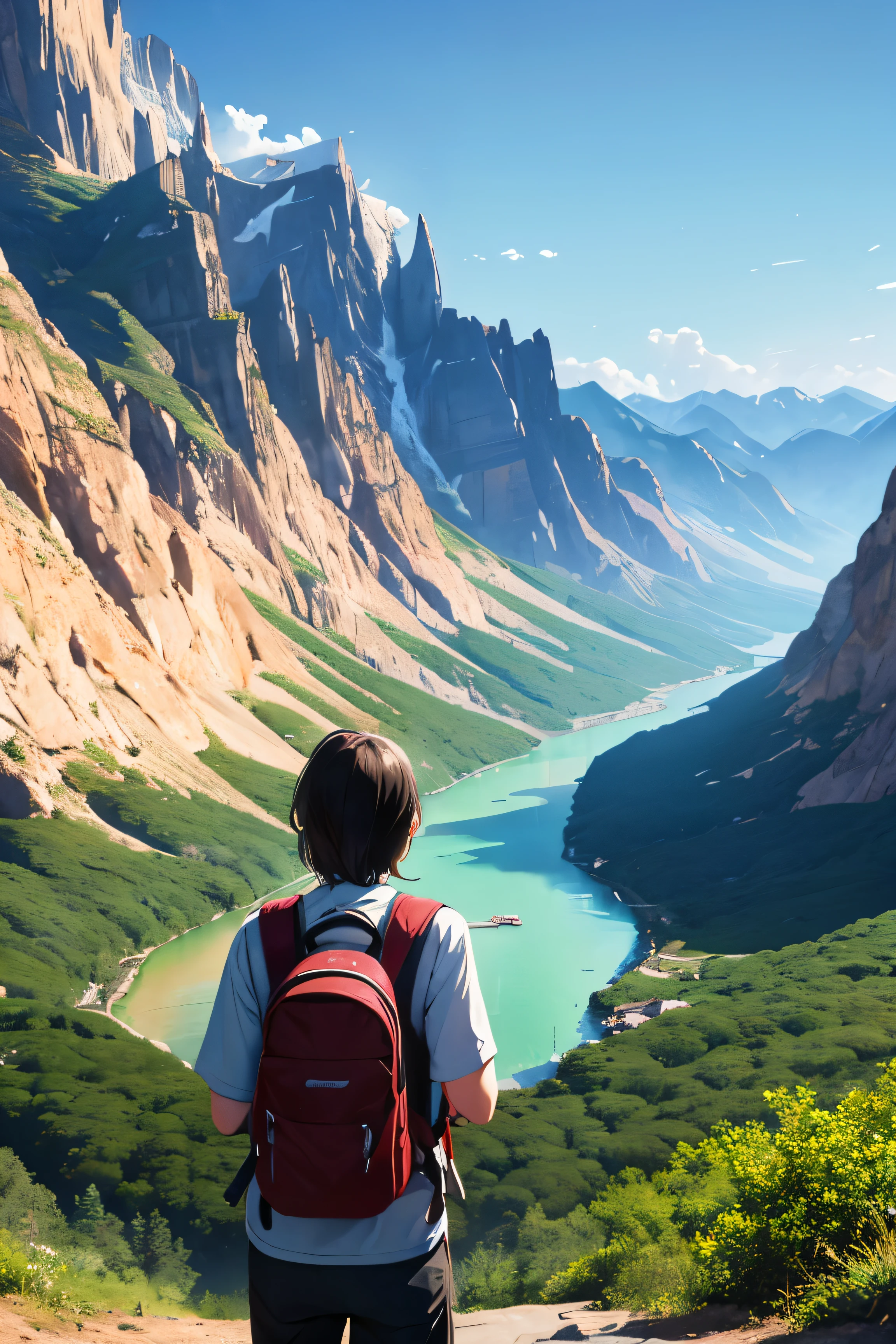 Mountains,River,a man with a backpack stands in the foreground with his back turned