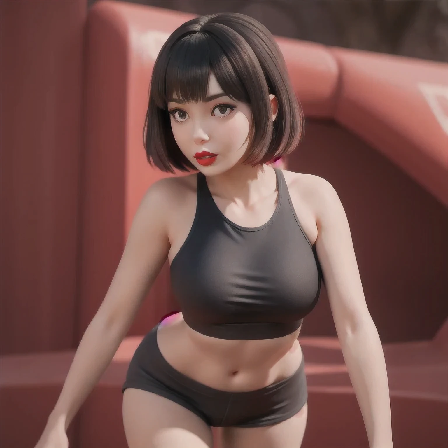 （（（1 Girl）））1 Girl
3d
bare shoulders
black eyes
black hair
blurry
blurry background
breasts
brown eyes
depth of field
leaning forward
lips
lipstick
looking at viewer
makeup
nose
outdoors
realistic
red lips
short hair
shorts
solo
tank top，(Desert Abyss)
