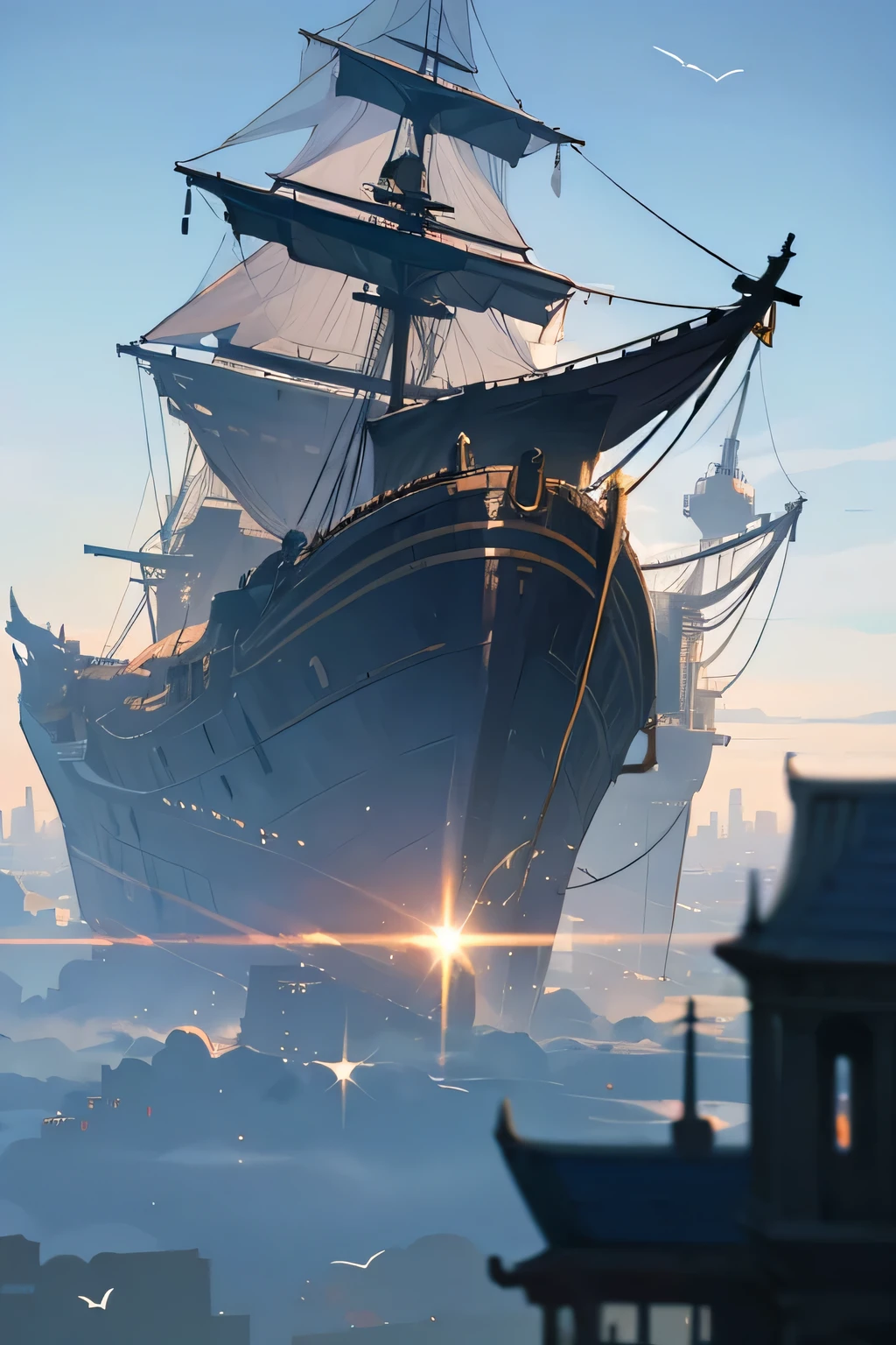 distant flying galleon ship flying in the sky above city seen by spectators