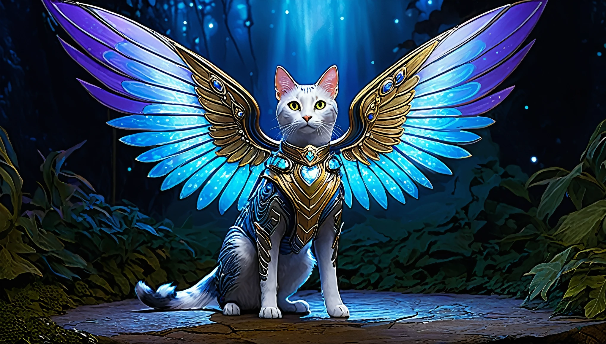 Award-winning art depicting a beloved pet transformed into an extraordinary creature. Imagine a household cat or dog adorned with fantastical elements such as shimmering wings, glowing eyes, or magical armor. The scene could place the pet in an otherworldly setting, highlighting its newfound majesty and extraordinary appearance.
