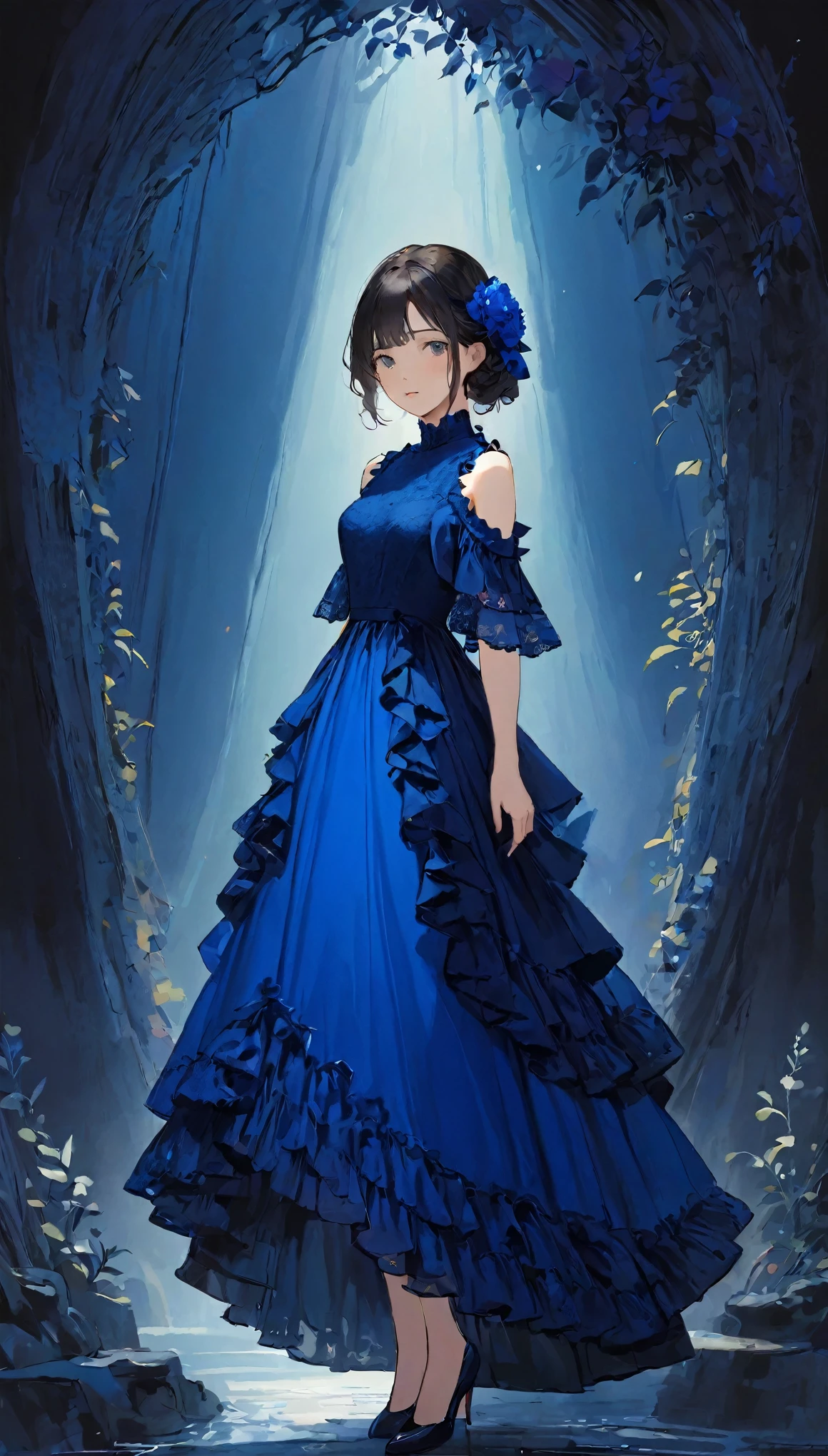 Young woman standing in front of an abyss background、She is wearing a gorgeous deep blue dress。The dress is decorated with lace and frills.、Exposed shoulder design.。The Woman&#39;Long hair is soft and wavy、Her head is adorned with a red flower hair accessory....。Gorgeous gold earrings dangle from her ears....。 The Woman&#39;His face is full of confidence、The slightly sad eyes are characteristic.。The details on the dress are exquisite、The floral decoration on the chest is particularly eye-catching....。Butterfly fluttering in the background.、Creates a fantastic and romantic atmosphere.。 as a whole、Feminine beauty and passionate red stand out.、Gives a dramatic and elegant look。