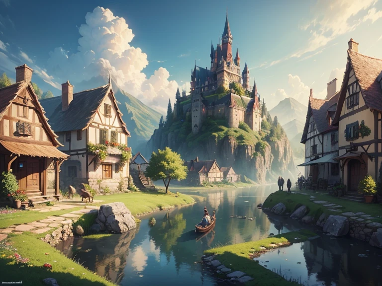 masterpiece, best quality, highres, landscape, village, concept art, european, in the festival, with cute creatures, in the afternoon, fantasy, fairy academia, long shot