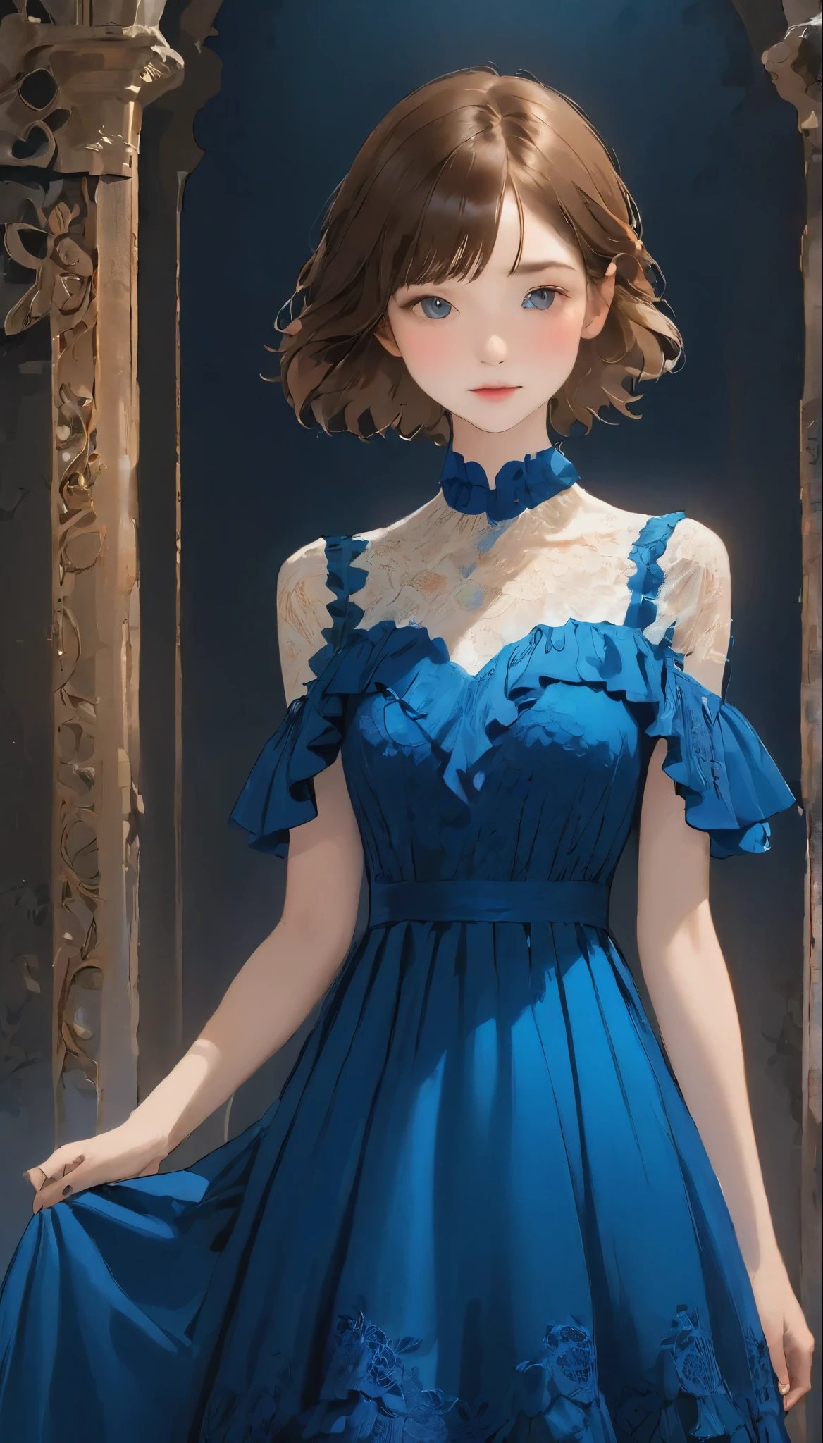 Young woman standing in front of an abyss background、She is wearing a gorgeous deep blue dress。The dress is decorated with lace and frills.、Exposed shoulder design.。The Woman&#39;Long hair is soft and wavy、Her head is adorned with a red flower hair accessory....。Gorgeous gold earrings dangle from her ears....。

The Woman&#39;His face is full of confidence、The slightly sad eyes are characteristic.。The details on the dress are exquisite、The floral decoration on the chest is particularly eye-catching....。Butterfly fluttering in the background.、Creates a fantastic and romantic atmosphere.。

as a whole、Feminine beauty and passionate red stand out.、Gives a dramatic and elegant look。
