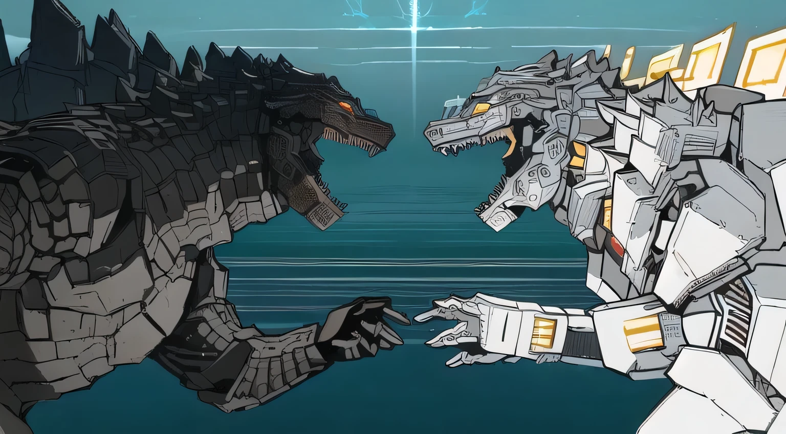 Godzilla and robot fighting scene on blue background, godzilla vs Mechanical Godzilla, monster battle, Mechanical Godzilla, Inspired by Noriyoshi Ohrai, monster, monster-eiga, artistic, Adam and Eve vs. Godzilla, Sharp and delicate dragon claws, Liam Neeson vs. Godzilla, Detailed fan art