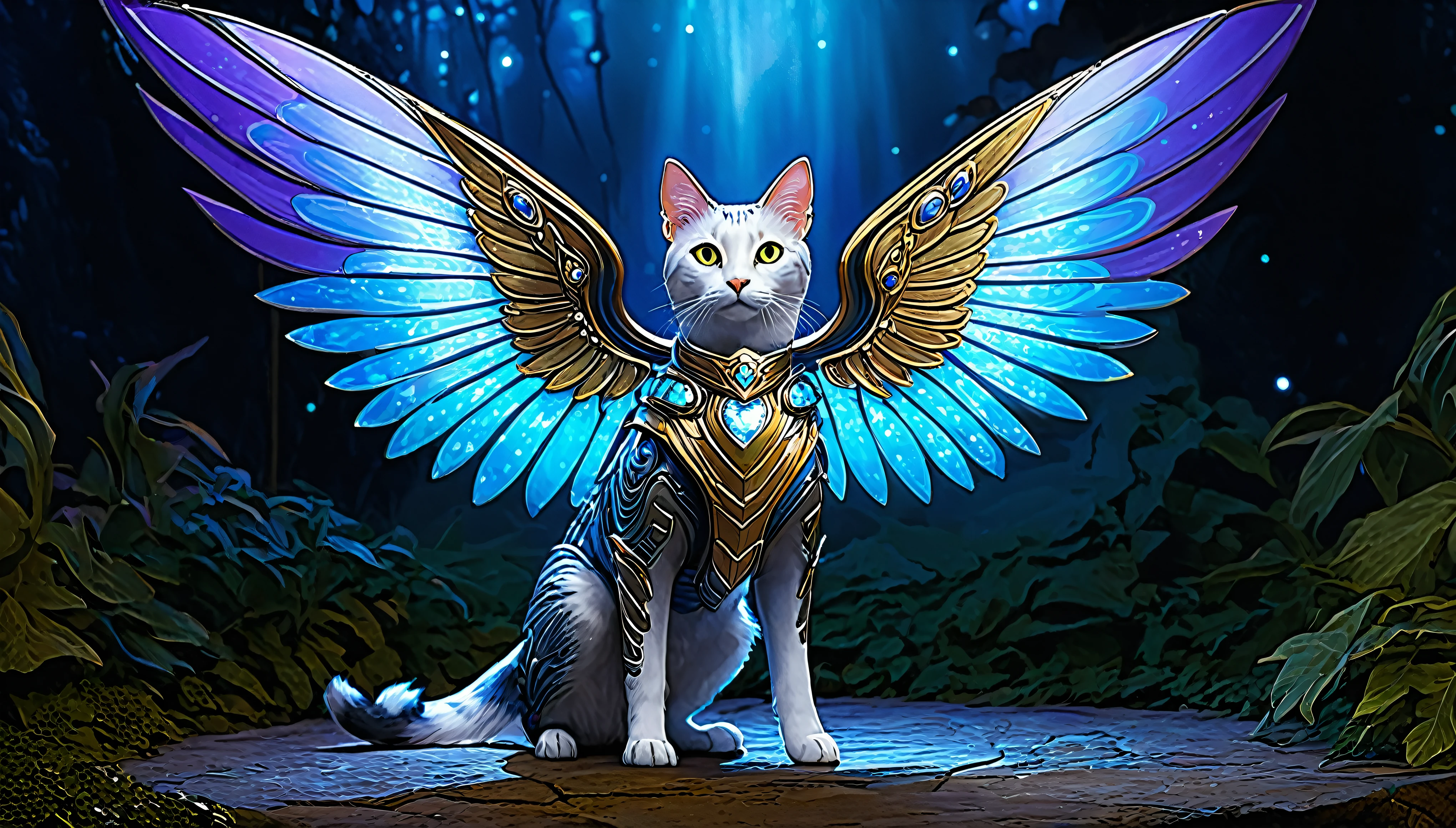 Award-winning art depicting a beloved pet transformed into an extraordinary creature. Imagine a household cat or dog adorned with fantastical elements such as shimmering wings, glowing eyes, or magical armor. The scene could place the pet in an otherworldly setting, highlighting its newfound majesty and extraordinary appearance.