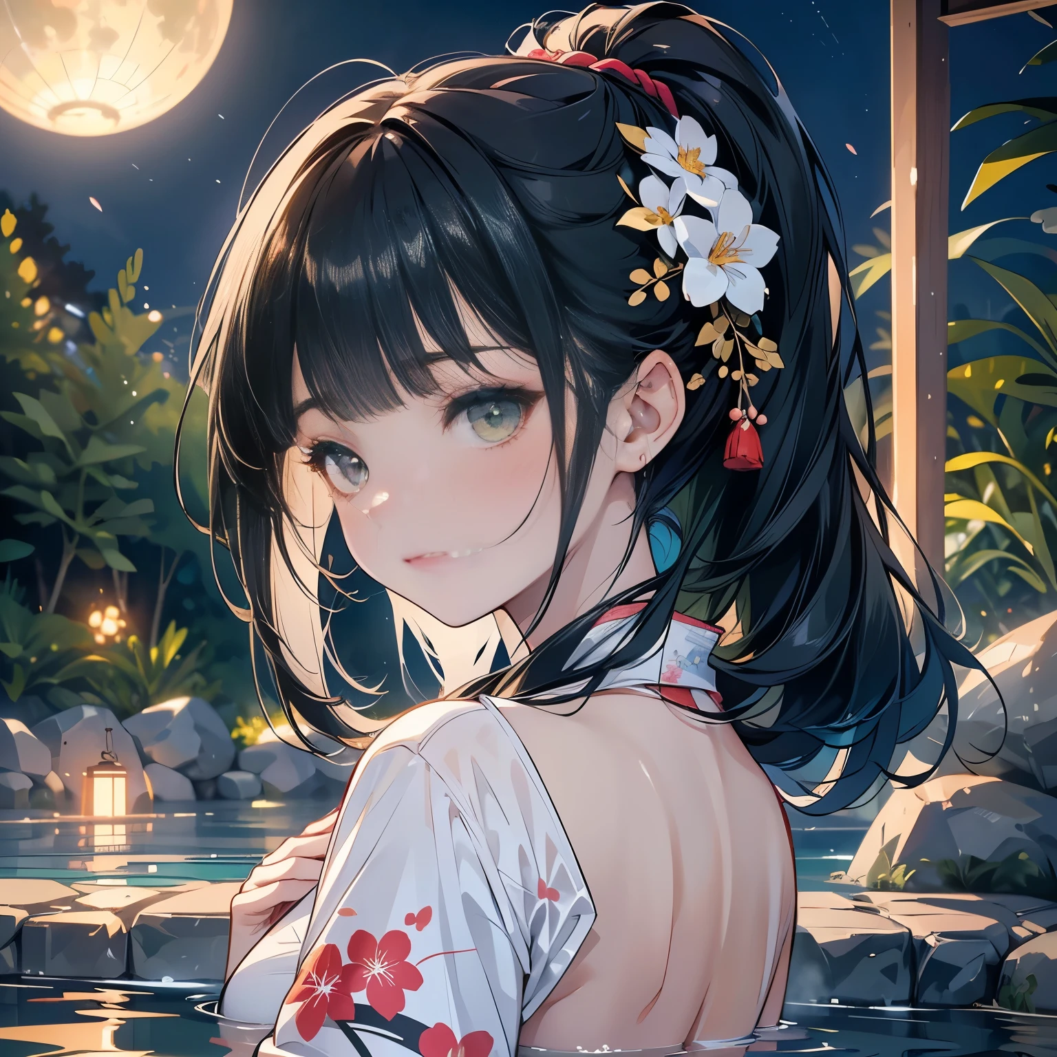 full body,low angle,from below,♥(japanese flower printed yukata),(bathing in the spa), ((1girl,cute,young,Semi long beautiful black hair,blunt bangs,beautiful green eyes)),(solo),((masterpiece, highest resolution,best quality)), ((realistic:1.5,Beautiful girl RAW photo)), (bathing in the spa), (looking at the viewer), innocent smile,cinematic lighting,beautiful outside open spa, rocks,natural beauty,full moon,night sky