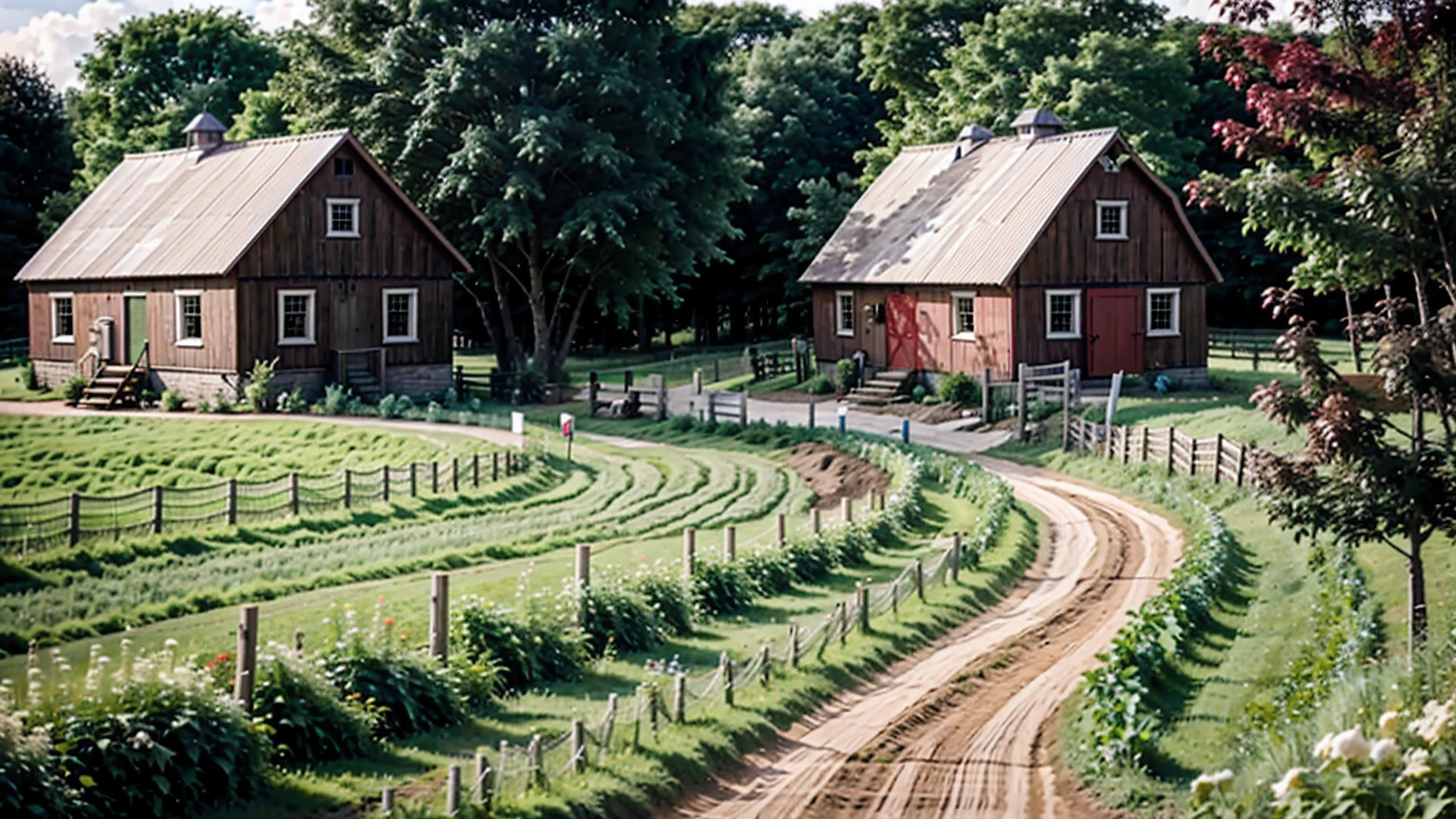  (rural farm background with lush green fields, a small wooden house, a red barn, and a dirt path leading through the landscape)