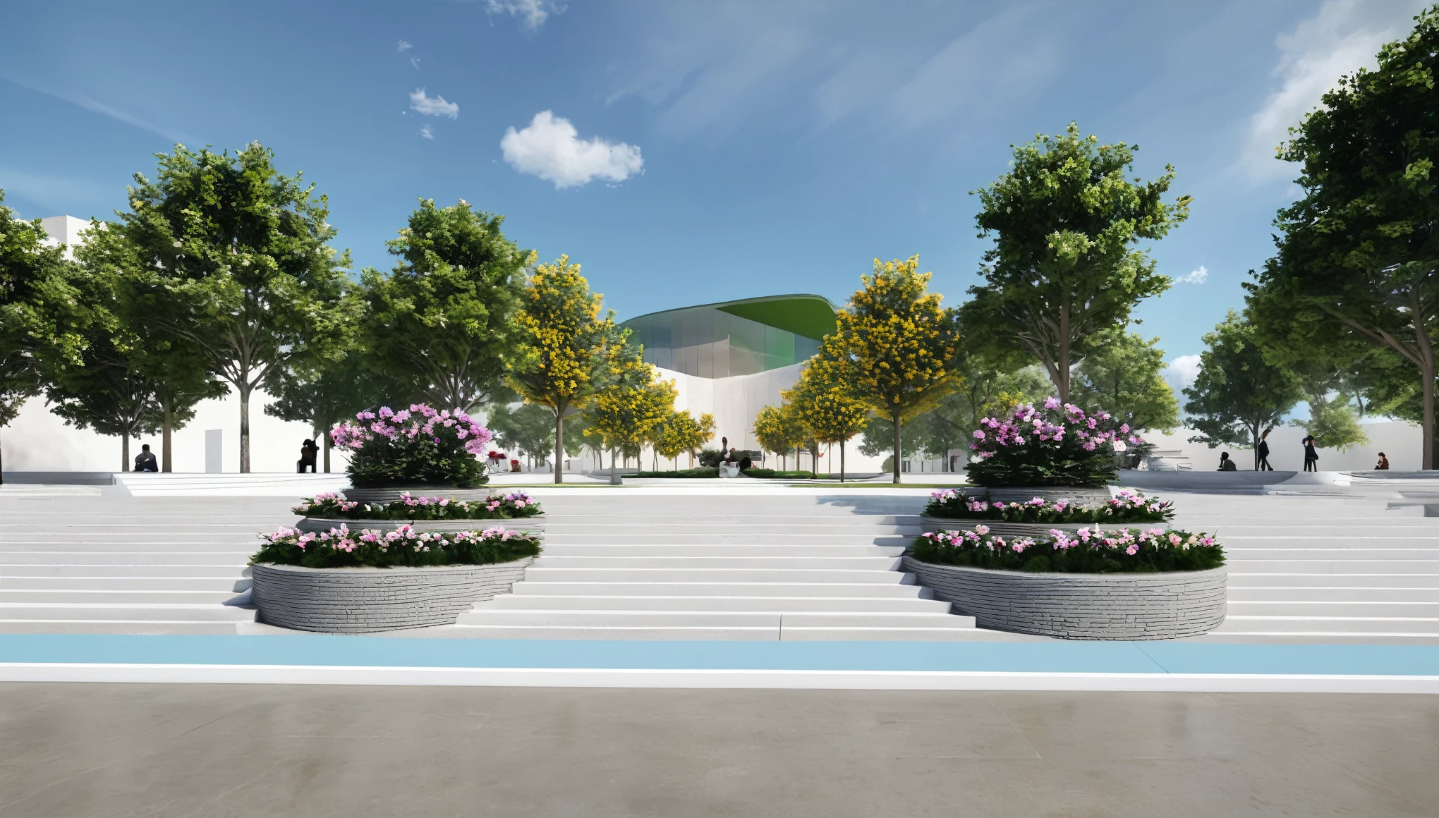 front rendering of an outdoor plaza with trees and flowers in the middle, steps on either side, and a concrete seating, people to rest. In the background are white walls and green grass, with a blue sky, clouds, rows