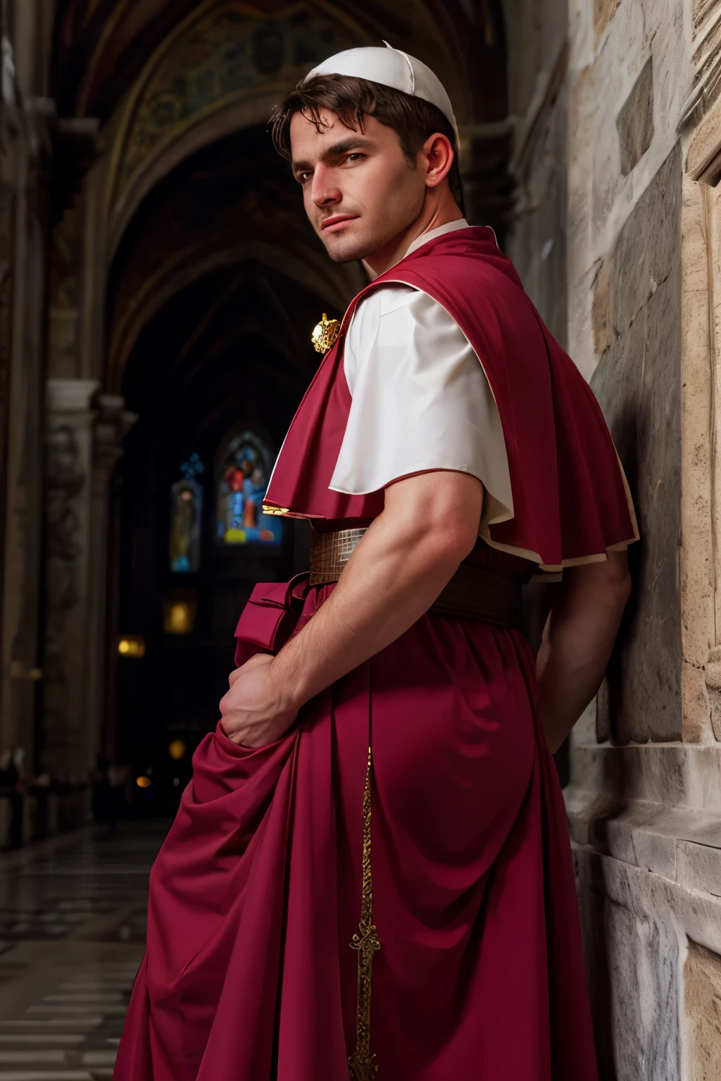 looking back, DariusFerdynand wearing well-fitted sleeveless red and white sheer tight Roman-Catholic-pope robe-armor, looking at viewer, peaceful and righteous expression, dynamic pose BREAK St. Peter's Basilica, Vatican, BREAK heroic, religious motifs, Chiaroscuro, Renaissance art, ecclesiastical power, BREAK realistic, cinematic, best quality, detailed background, depth of field, intricate details