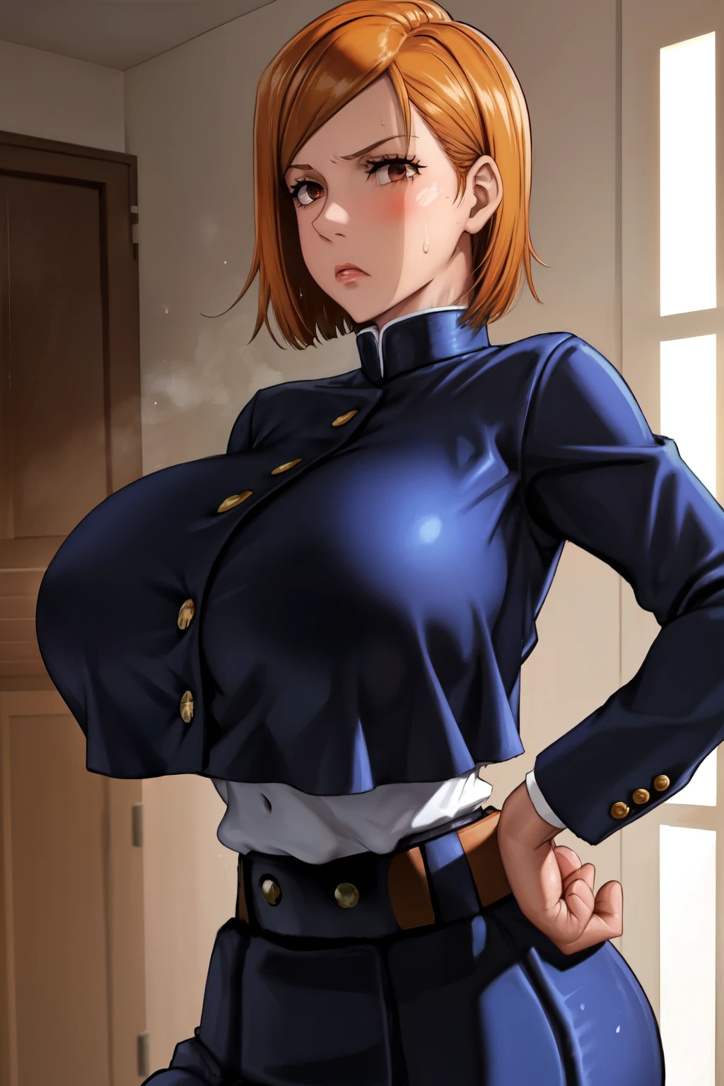 NobaraSU1,One girl, ((Beautiful Face)),alone, short hair, Orange Hair, , Brown eyes, Not looking at the viewer,Voyeur style,bangs, Cowboy Shot, skirt, Long sleeve, high-waist skirt, Angry face,Irritability,pantyhose, black pantyhose, Hourglass Shape, blue skirt,  turtleneck, Sweat drops, Hair behind the ear, Blue jacket, Blue clothes,  belt,Shiny Hair, button, Crop top overhang,  Hourglass Shape,indoor,(thin_Waist:1.6),(narrow_Waist:1.4), Breaking the masterpiece, highest quality, Highly detailed background, perfect lightinghighest quality, ((Shiny skin, Shiny skin, Detailed skin)),(beautiful huge breast:1.1),((busty)),full bust,toned,((Clothed Big Tits)),(breast close-up),from above,Landscape,Focus on the chest,black bra