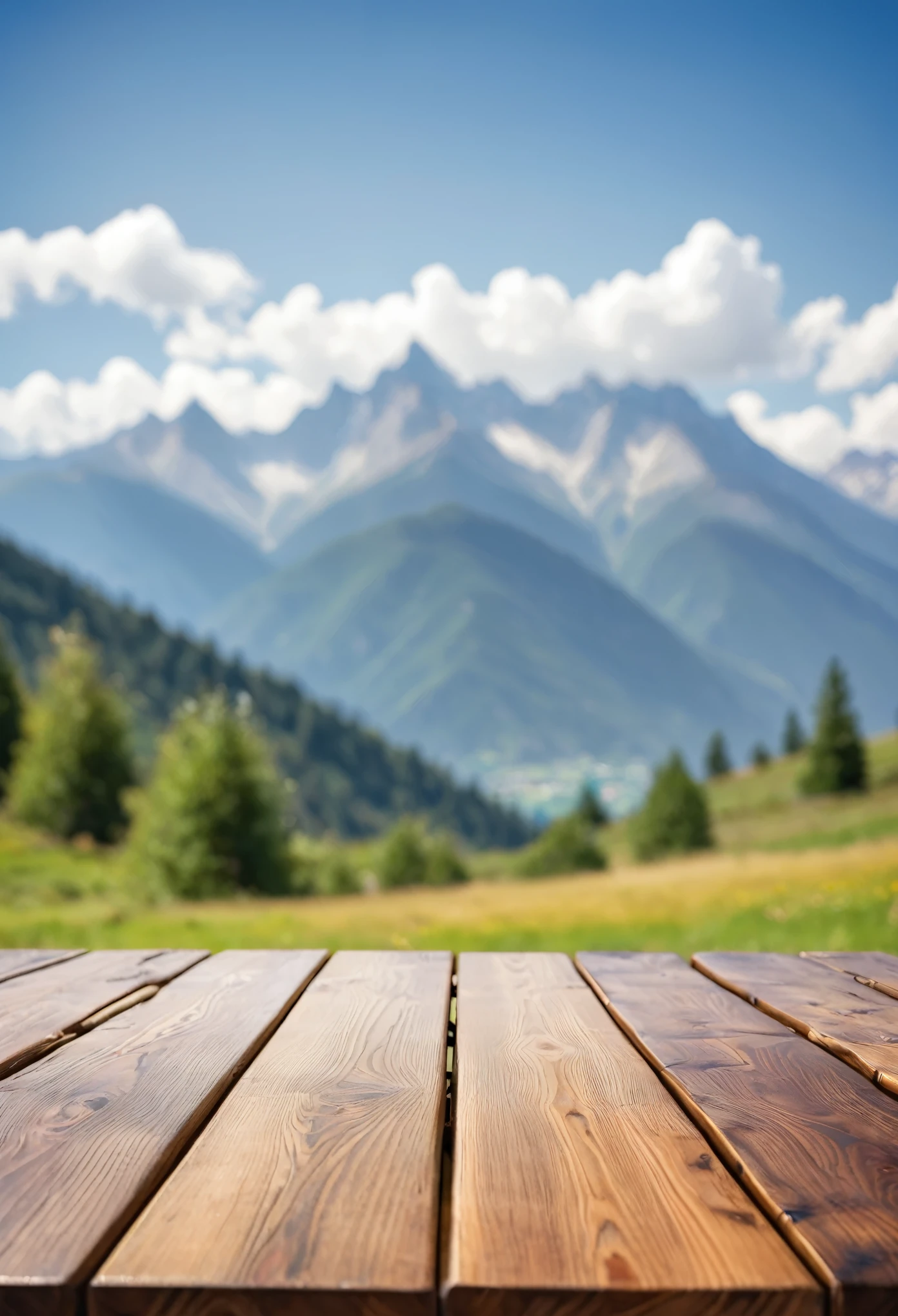 WOODEN TABLE, DEFOCUSED
MOUNTAINS IN THE BACKGROUND