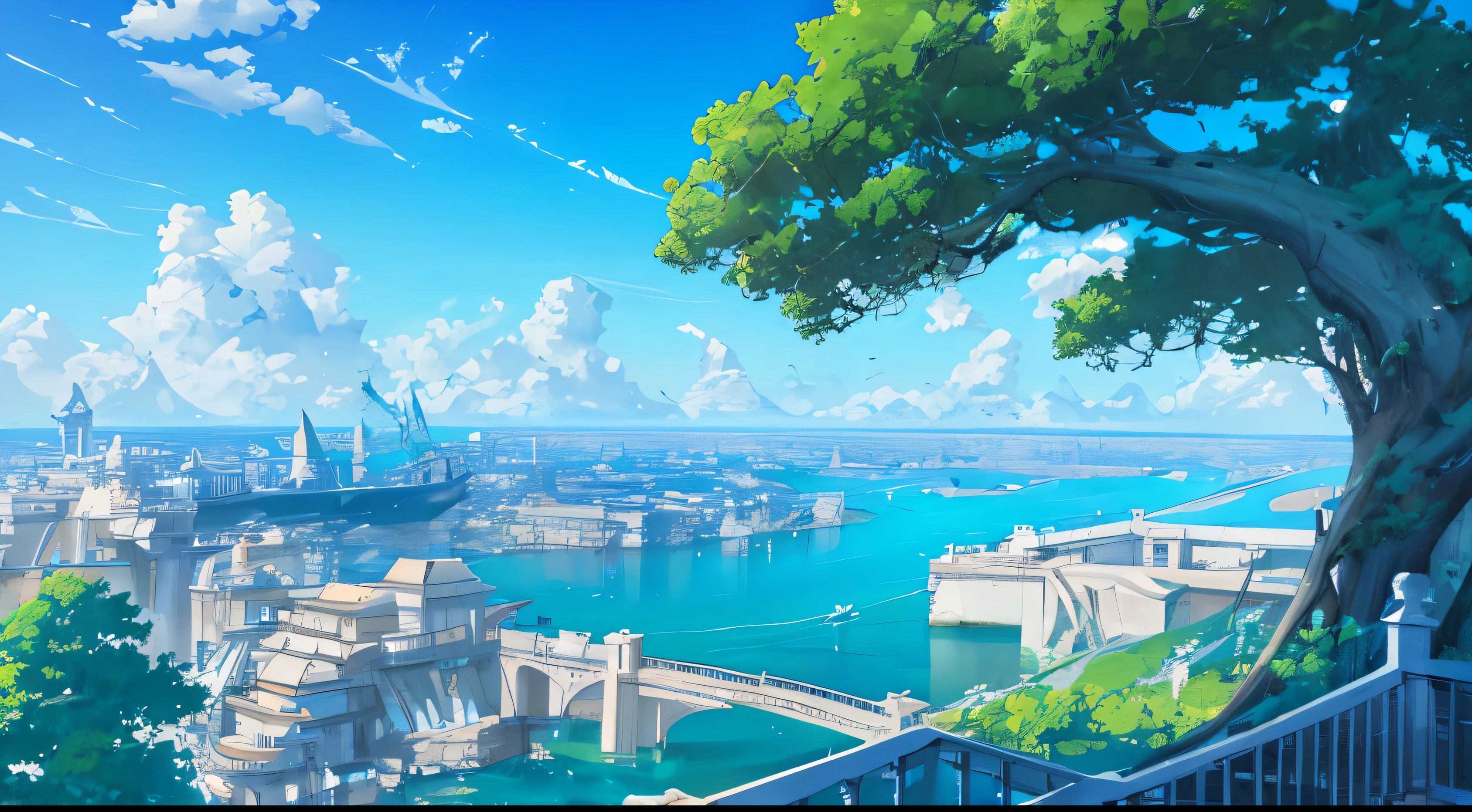 masterpiece, High Detail, 8k resolution, Concept Art, landscape, water, sky空, sky, Tree, cloud, nature, Ocean, ancient city of water, ancient waterway, Ship berthing, blue sky空, from above, 新Ocean诚艺术风格