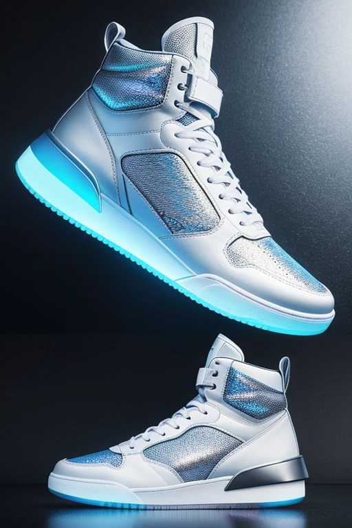 A captivating 3D render illustration of a futuristic high-top sneaker that is both stylish and technologically advanced. The high-top shoe displays sleek lines, holographic accents, and advanced air chamber technology in its soles, offering exceptional comfort. The cinematic lighting and high-resolution image create a powerful fashion statement, merging cutting-edge technology with modern design. The sneaker's innovative features make it the perfect choice for the contemporary, forward-thinking consumer. The overall effect is awe-inspiring, showcasing the groundbreaking future of footwear., photo, illustration, product, 3d render, cinematic, fashion