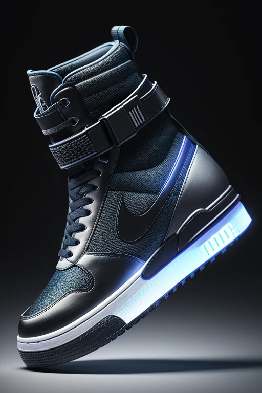 A captivating 3D render illustration of a futuristic high-top sneaker that is both stylish and technologically advanced. The high-top shoe displays sleek lines, holographic accents, and advanced air chamber technology in its soles, offering exceptional comfort. The cinematic lighting and high-resolution image create a powerful fashion statement, merging cutting-edge technology with modern design. The sneaker's innovative features make it the perfect choice for the contemporary, forward-thinking consumer. The overall effect is awe-inspiring, showcasing the groundbreaking future of footwear., photo, illustration, product, 3d render, cinematic, fashion