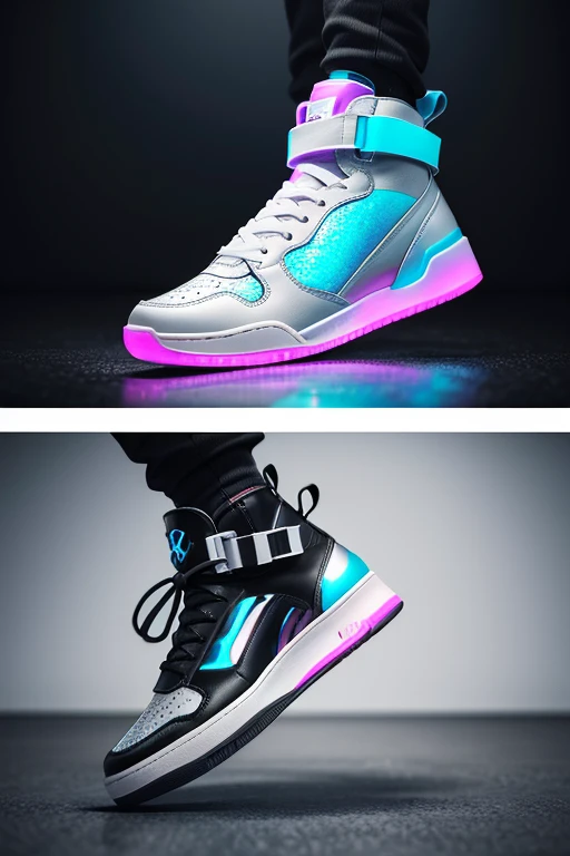 A captivating 3D render illustration of a futuristic high-top sneaker that is both stylish and technologically advanced. The high-top shoe displays sleek lines, holographic accents, and advanced air chamber technology in its soles, offering exceptional comfort. The cinematic lighting and high-resolution image create a powerful fashion statement, merging cutting-edge technology with modern design. The sneaker's innovative features make it the perfect choice for the contemporary, forward-thinking consumer. The overall effect is awe-inspiring, showcasing the groundbreaking future of footwear., photo, illustration, product, 3d render, cinematic, fashion