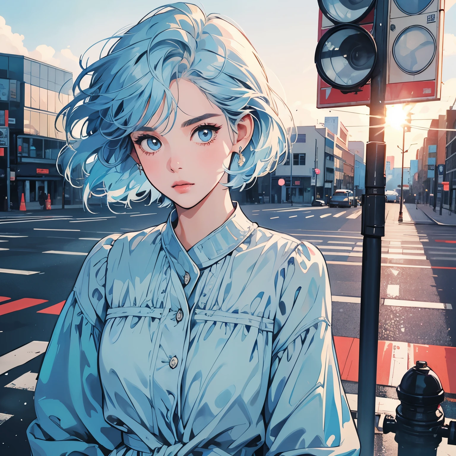 whole body、Kind Face、1 pretty woman、4k、blouse、pedestrian crossing、Signal 、intersection、Complex background、Detailed Hair、Light blue hair、Faint lighting、Short hair、Strong gaze、The wind is blowing、Clear Eyes、highlight