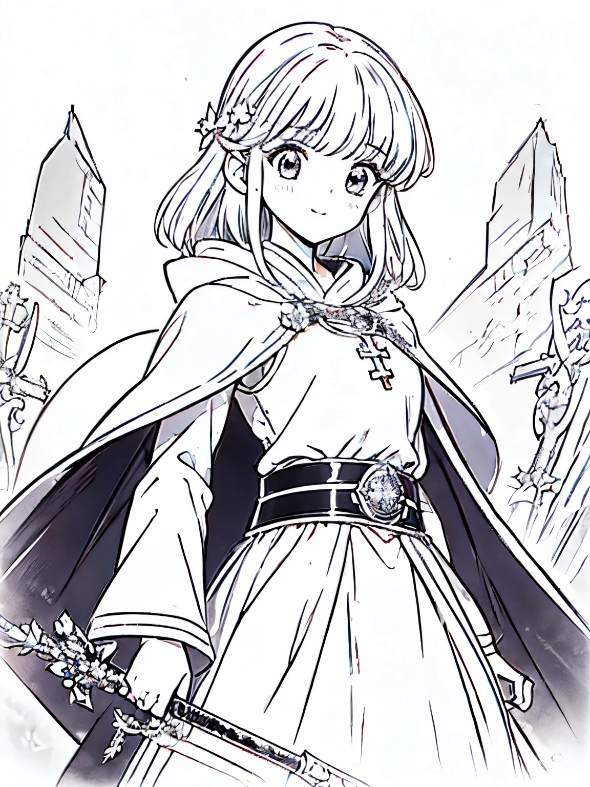 Line art background, background, Monochrome, Line art, ((sketch)),Highest quality,masterpiece,monochrome,Lineart,single color,Create a detailed coloring page,Girl、Big eyes、Long Robe、Cape、Sacred costume、Hooded、mysterious、cross、prayer book、belt、Stall、Combat walking stick、Mace、Sacred Equipment、sympathy、Dedicated、Deep Faith、prayer、meditation、rational、meditation、Healing Magic、Defensive Magic、Support Skills、treat、detoxification、reanimation、Holy Element Attack、Peace of mind、Divine Aura,smile