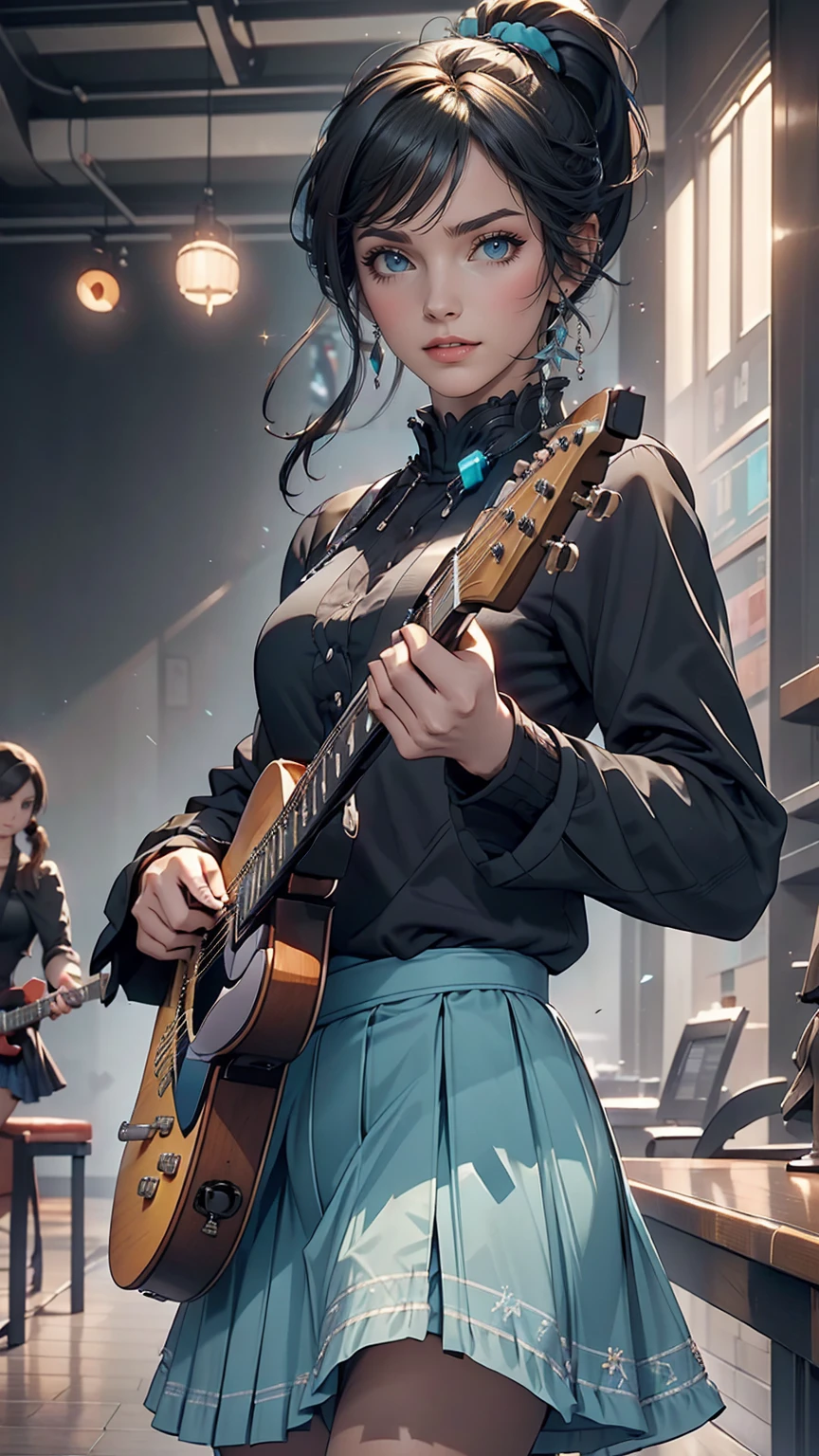 ((masterpiece, highest quality))One girl, alone, Black Dress, blue eyes, electric guitar, guitar, Headphones, Double Ponytail, Holding, Holding plectrum, musical instrument, Long Hair, music, One side up, Turquoise Hair, Twin tails, guitarを弾く, Pleated skirt, Black Shirt, interior