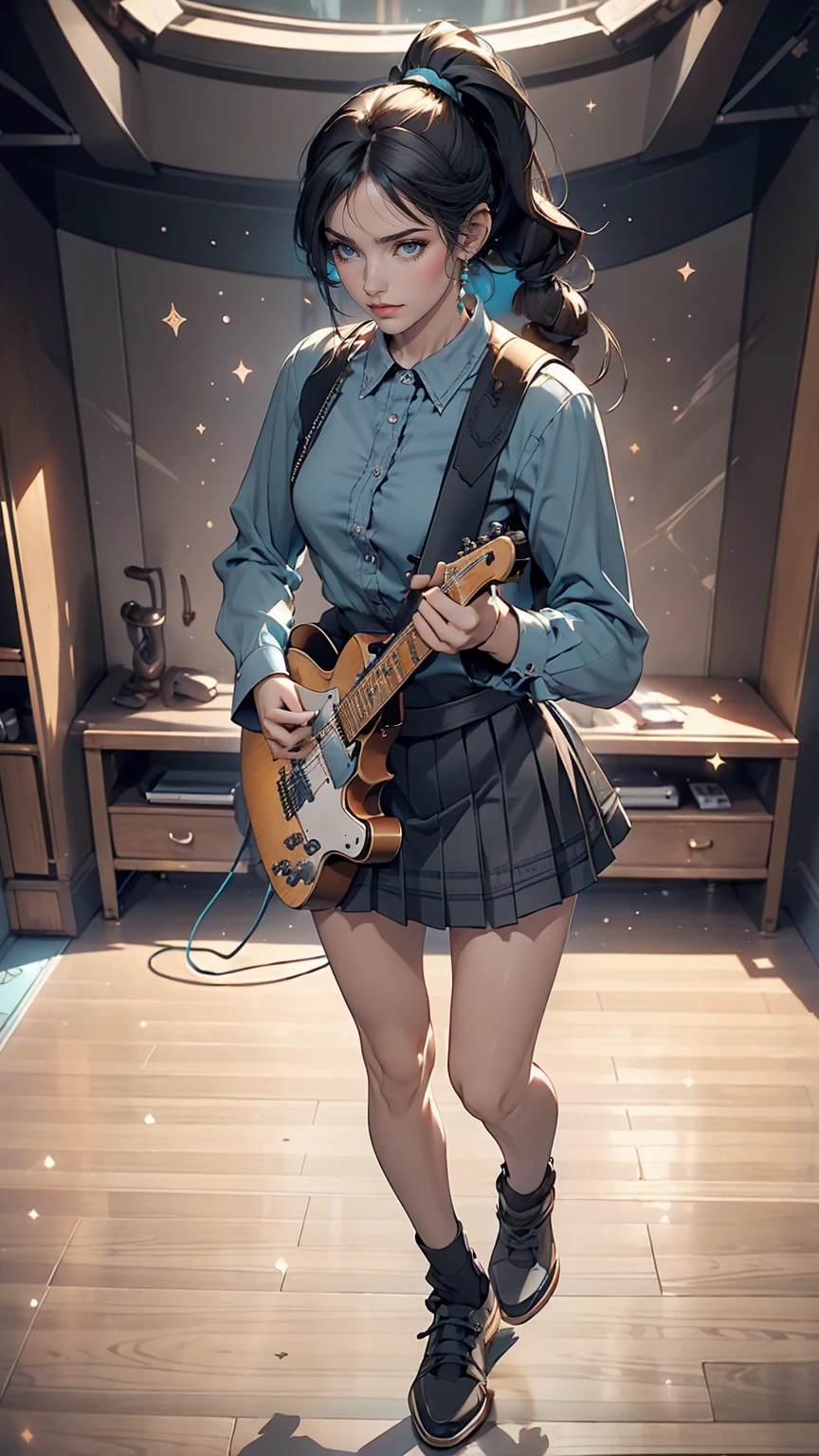 ((masterpiece, highest quality))One girl, alone, Black Dress, blue eyes, electric guitar, guitar, Headphones, Double Ponytail, Holding, Holding plectrum, musical instrument, Long Hair, music, One side up, Turquoise Hair, Twin tails, guitarを弾く, Pleated skirt, Black Shirt, interior