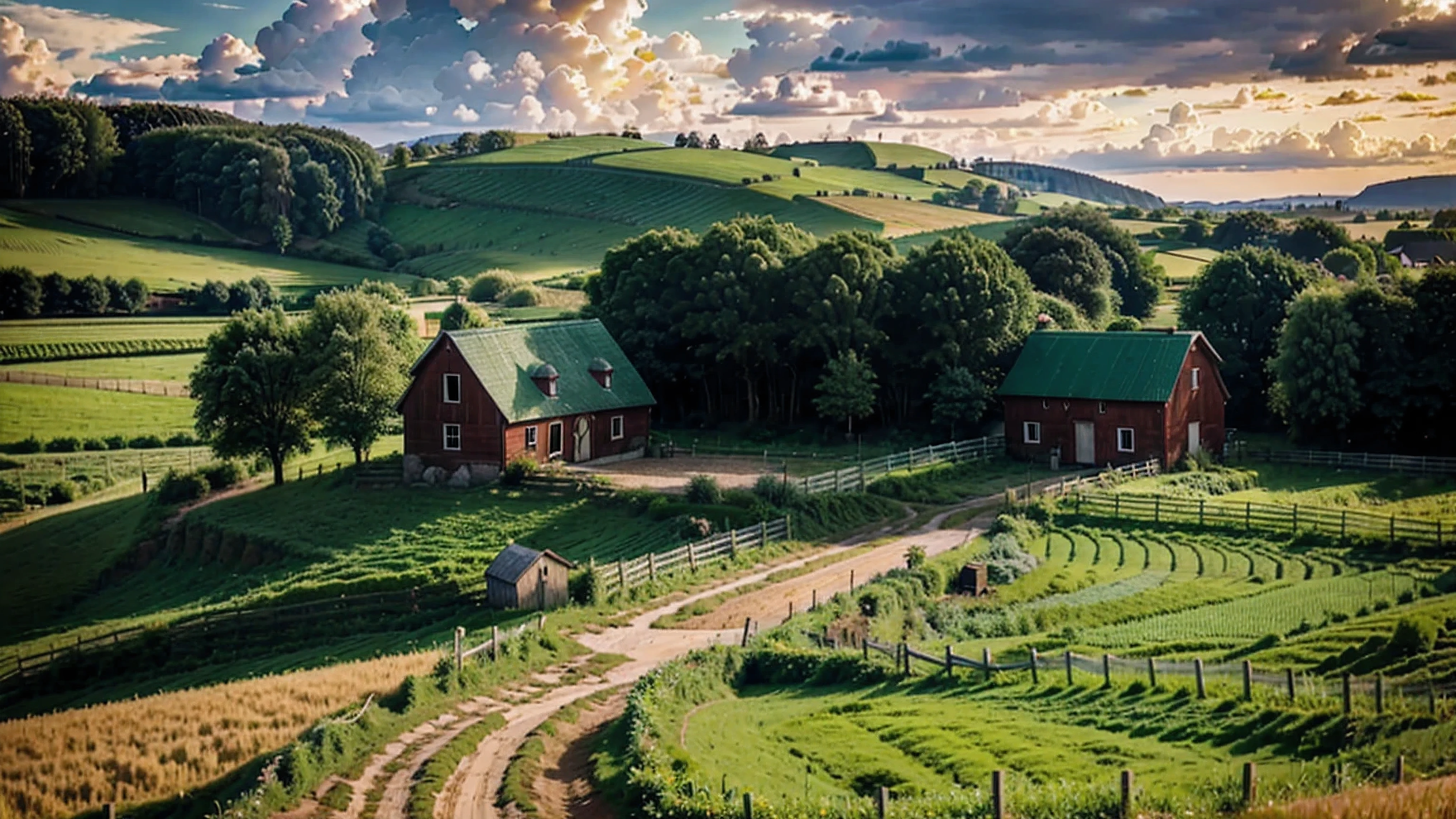 a lush green rural farm, a small wooden cottage, a red barn, a dirt path winding through the landscape, beautiful detailed clouds, golden hour lighting, highly detailed, photorealistic, 8k, HDR, cinematic composition, dramatic lighting, vibrant colors, intricate details