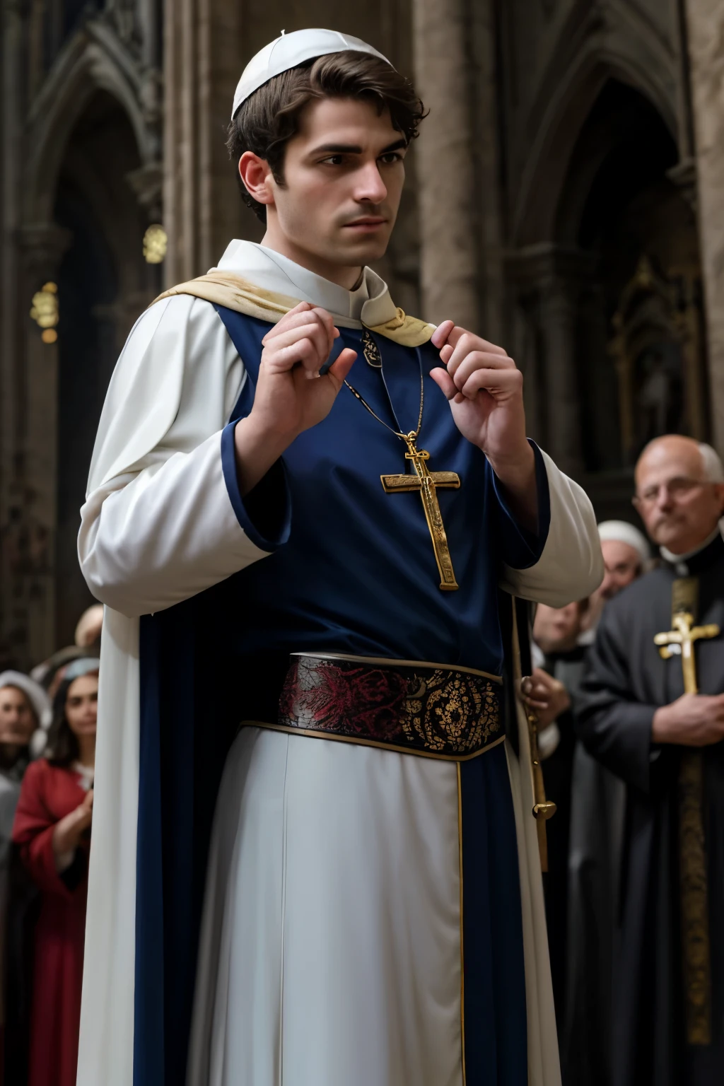 looking back, DariusFerdynand wearing well-fitted sleeveless red and white sheer tight Roman-Catholic-pope robe-armor, looking at viewer, peaceful and righteous expression, dynamic pose BREAK St. Peter's Basilica, Vatican, BREAK heroic, religious motifs, Chiaroscuro, Renaissance art, ecclesiastical power, BREAK realistic, cinematic, best quality, detailed background, depth of field, intricate details