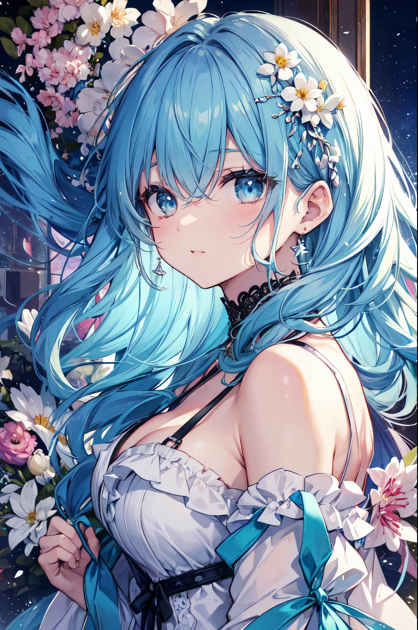 （masterpiece）、(highest quality)、((Very detailed))、(Very delicate)、Idol in a sexy night dress、Light aqua blue hair、Beautiful breasts、Beautiful ass、nice、Lake with mountain view、Amazing starry sky