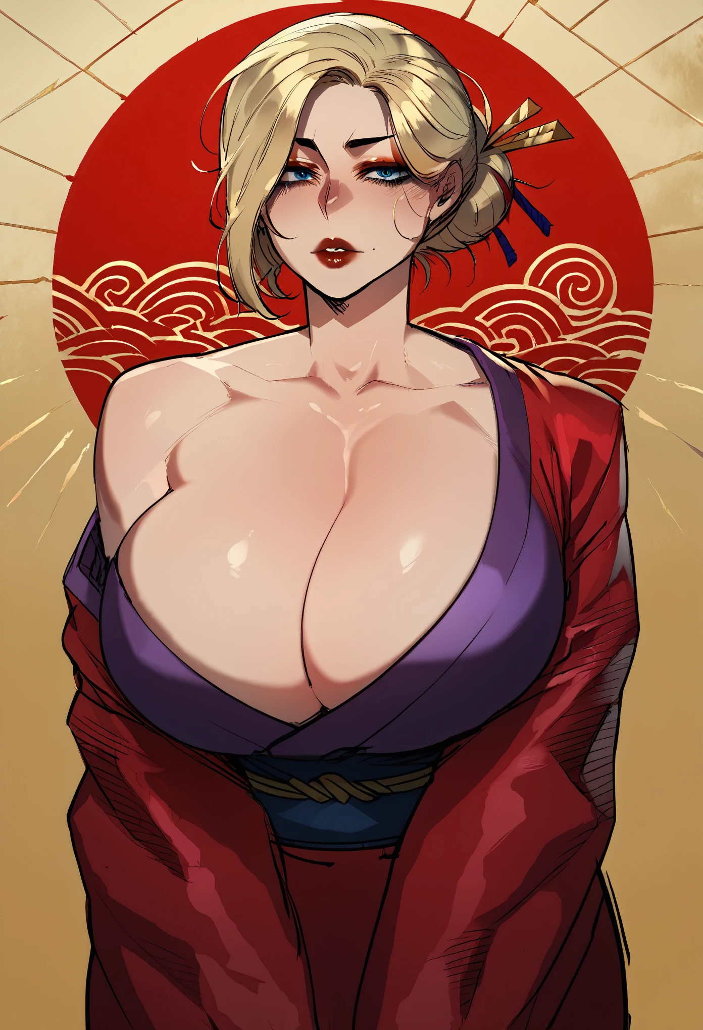 score_9, score_8_up, score_7_up, score_6_up, score_5_up, score_4_up, BREAK 1girl, ((muscular body:1)), intricate, kimono, (eyeliner:1.2), looking at viewer, bob hairstyle, blonde, jewelry, detailed background,huge breasts (masterpiece, high quality:1),
