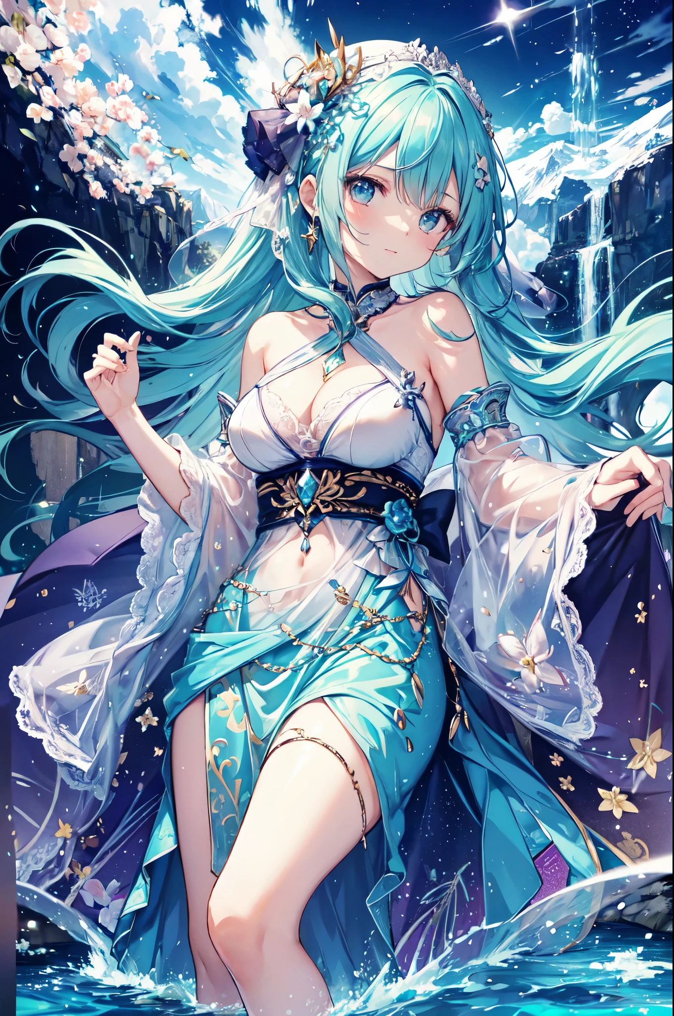 (masterpiece)、(highest quality)、((Very detailed))、(Very delicate)、Idol in a sexy night dress、Light aqua blue hair、Beautiful breasts、Beautiful ass、nice、Lake with mountain view、Amazing starry sky