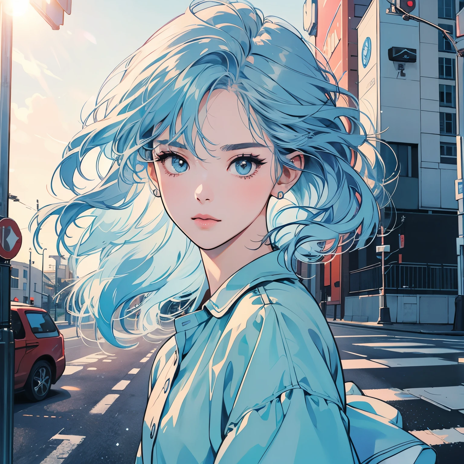 whole body、Kind Face、1 pretty woman、4k、shirt、pedestrian crossing、Signal 、intersection、Complex background、Detailed Hair、Light blue hair、Faint lighting、Strong gaze、The wind is blowing、Clear Eyes、highlight