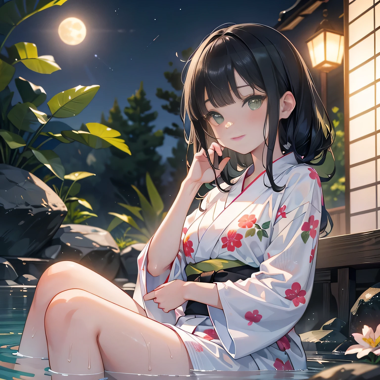 full body,low angle,from below,♥(japanese flower printed yukata),(bathing in the spa), ((1girl,cute,young,Semi long beautiful black hair,blunt bangs,beautiful green eyes)),(solo),((masterpiece, highest resolution,best quality)), ((realistic:1.5,Beautiful girl RAW photo)), (bathing in the spa), (looking at the viewer), innocent smile,cinematic lighting,beautiful outside open spa, rocks,natural beauty,full moon,night sky