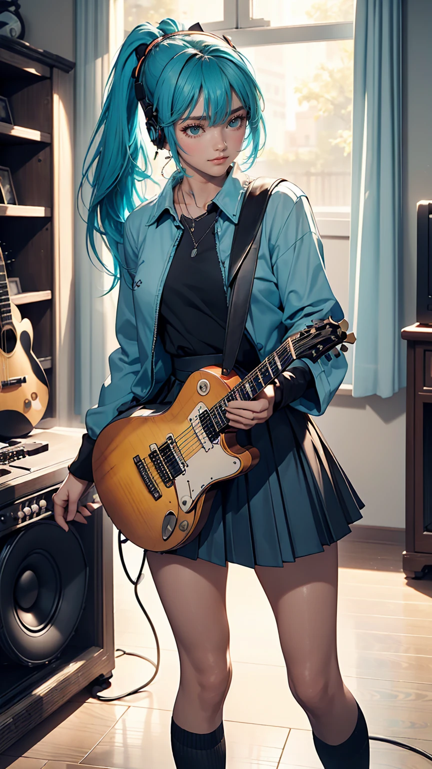 ((masterpiece, highest quality))One girl, alone, Black Dress, blue eyes, electric guitar, guitar, Headphones, Double Ponytail, Holding, Holding plectrum, musical instrument, Long Hair, music, One side up, Turquoise Hair, Twin tails, guitarを弾く, Pleated skirt, Black Shirt, interior