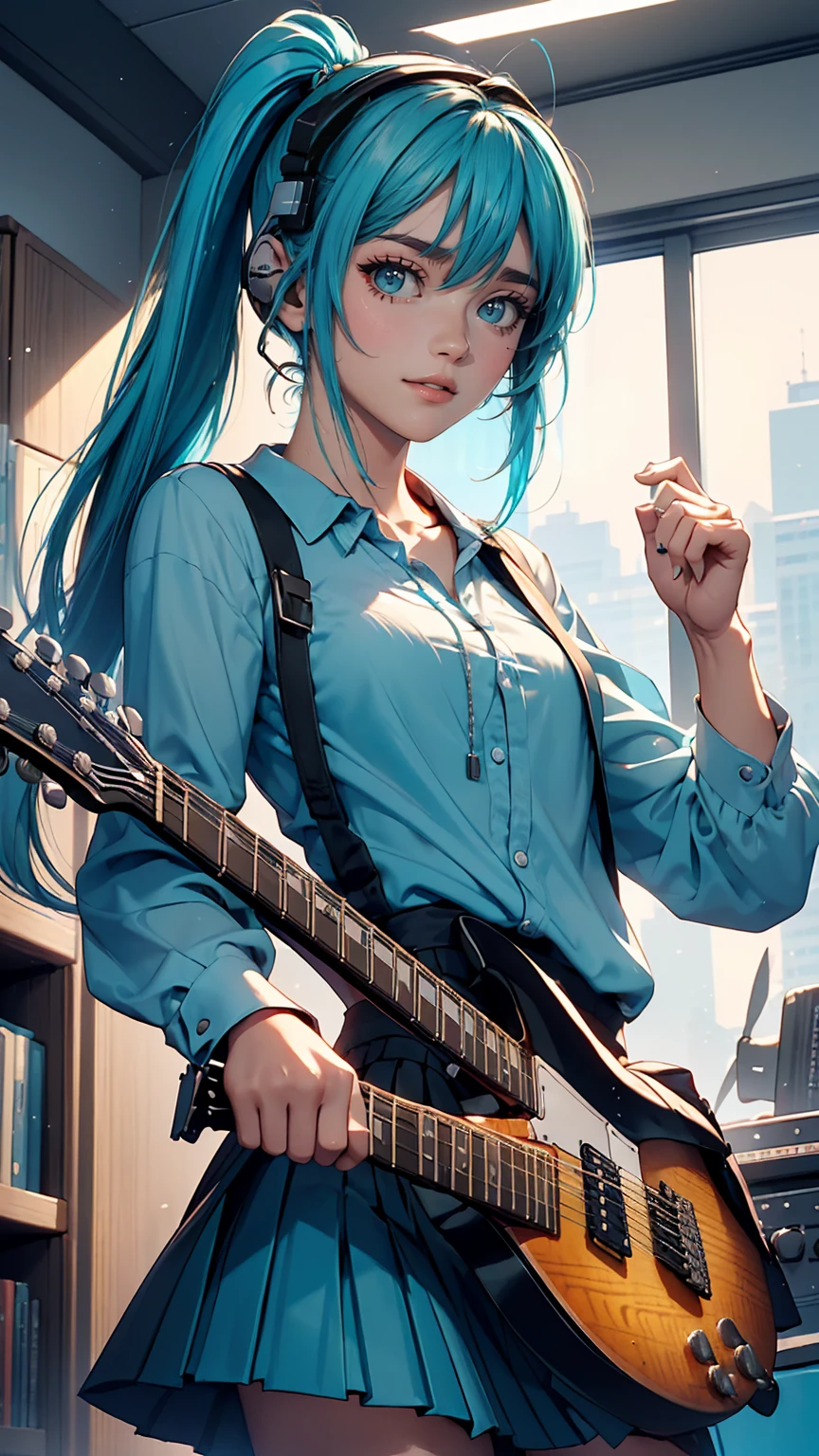 ((masterpiece, highest quality))One girl, alone, Black Dress, blue eyes, electric guitar, guitar, Headphones, Double Ponytail, Holding, Holding plectrum, musical instrument, Long Hair, music, One side up, Turquoise Hair, Twin tails, guitarを弾く, Pleated skirt, Black Shirt, interior