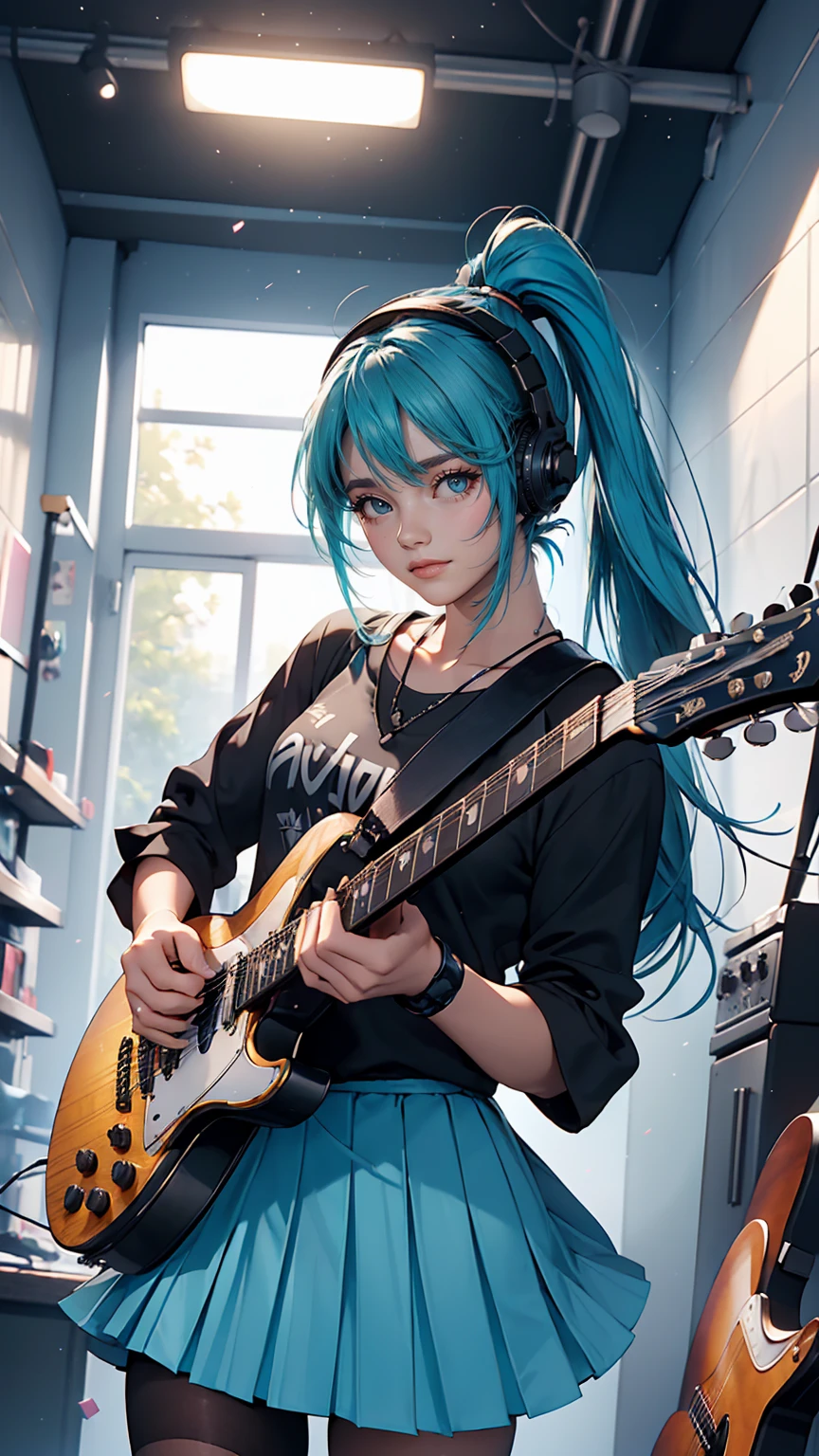 ((masterpiece, highest quality))One girl, alone, Black Dress, blue eyes, electric guitar, guitar, Headphones, Double Ponytail, Holding, Holding plectrum, musical instrument, Long Hair, music, One side up, Turquoise Hair, Twin tails, guitarを弾く, Pleated skirt, Black Shirt, interior