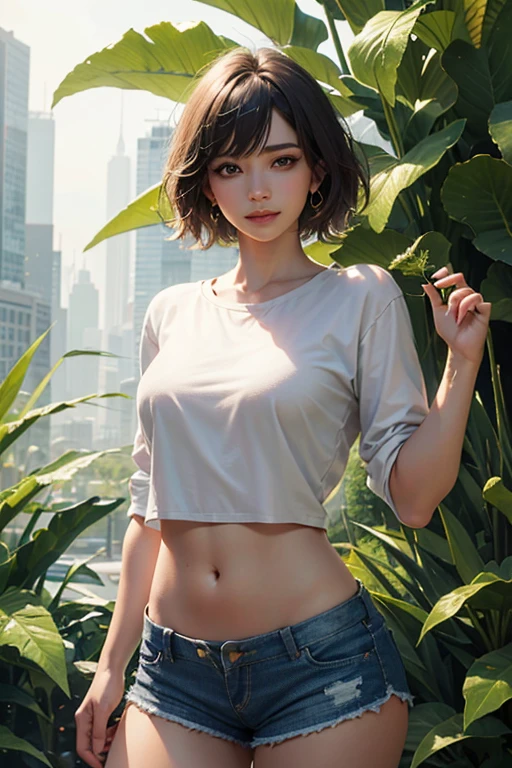 photorealistic portrait, high-res, Soft light,1woman, bara, Hip up, look at viewer, (The young heroine confronts the fern leaf with details...........), Short Hair Hair, jewelry, Thin shirt. .Beautiful smile to see teeth.1 x Shorts:1
