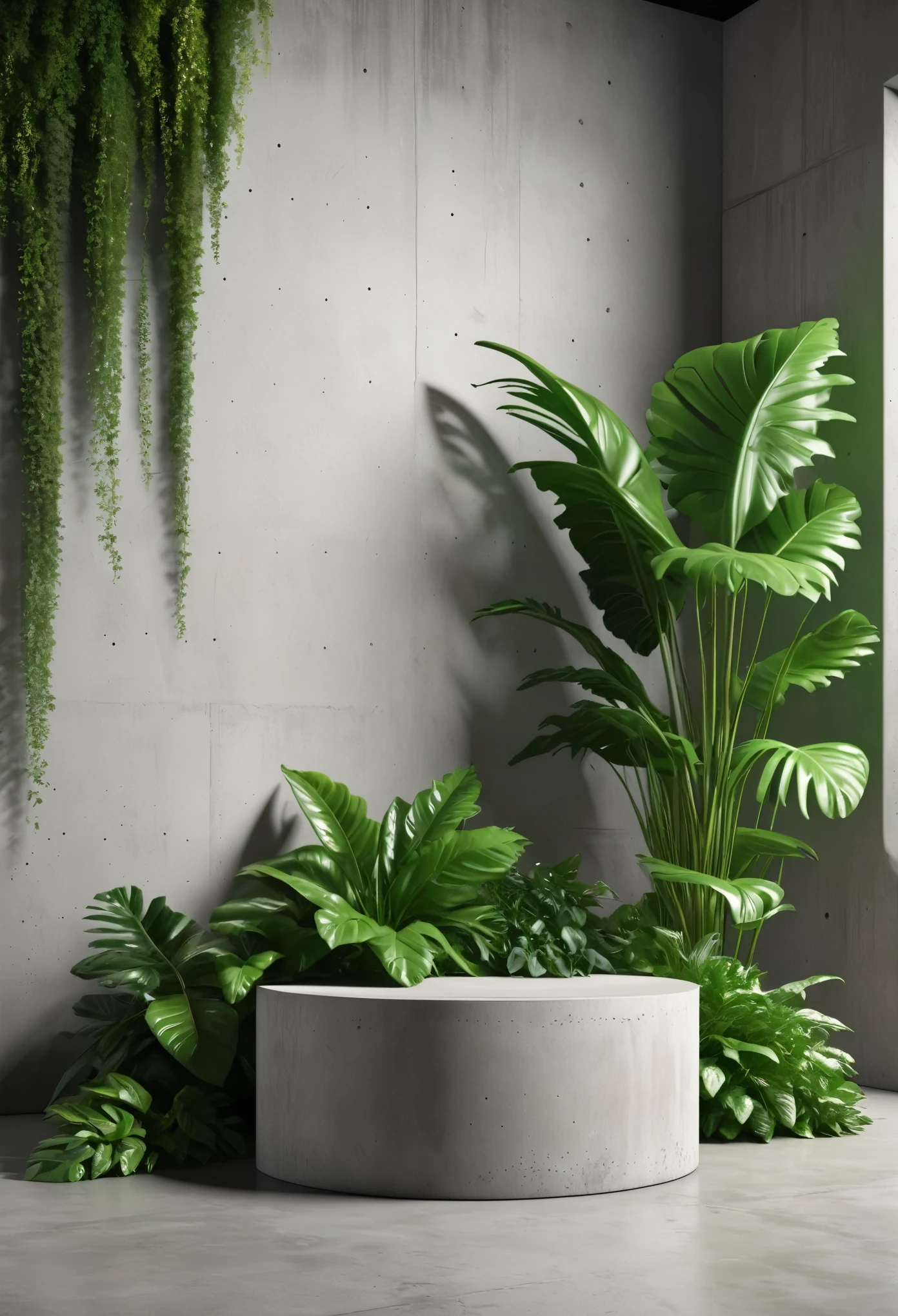 3D rendering of a concrete
podium for product
demonstrations, large green
plants around