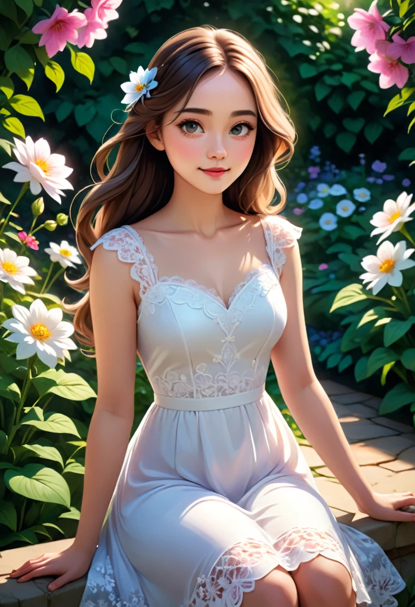 a beautiful young woman in a white lace dress, sitting in a flower garden, elegant and dreamy expression, soft natural lighting, highly detailed, photorealistic, 8k, (best quality,4k,8k,highres,masterpiece:1.2),ultra-detailed,(realistic,photorealistic,photo-realistic:1.37),sharp focus,vivid colors,intricate lace pattern,delicate facial features,long flowing hair,serene outdoor scene,natural garden setting,vibrant flowers,dappled sunlight,atmospheric lighting