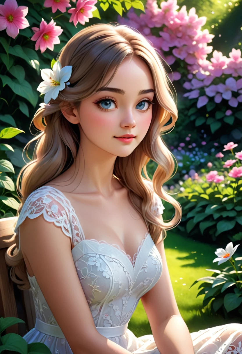 a beautiful young woman in a white lace dress, sitting in a flower garden, elegant and dreamy expression, soft natural lighting, highly detailed, photorealistic, 8k, (best quality,4k,8k,highres,masterpiece:1.2),ultra-detailed,(realistic,photorealistic,photo-realistic:1.37),sharp focus,vivid colors,intricate lace pattern,delicate facial features,long flowing hair,serene outdoor scene,natural garden setting,vibrant flowers,dappled sunlight,atmospheric lighting