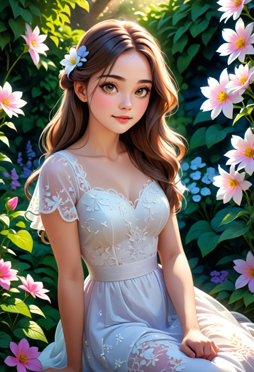 a beautiful young woman in a white lace dress, sitting in a flower garden, elegant and dreamy expression, soft natural lighting, highly detailed, photorealistic, 8k, (best quality,4k,8k,highres,masterpiece:1.2),ultra-detailed,(realistic,photorealistic,photo-realistic:1.37),sharp focus,vivid colors,intricate lace pattern,delicate facial features,long flowing hair,serene outdoor scene,natural garden setting,vibrant flowers,dappled sunlight,atmospheric lighting