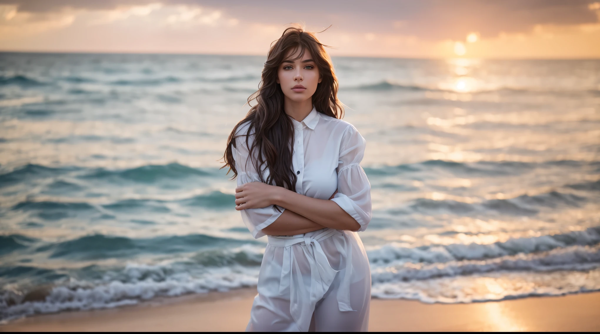 Surreal, Ultra HD, Attractive and sexy body shape , The surrounding environment is very vivid，HDR，Very high image quality，Cinematic Lenses. Natural Location, Natural Human Anatomy，A 20-year-old girl，Standing by the sea，seawater，Beach，Blue sky，White Cloud，Tree，Photo of an Italian female model，Long hair，White clothing，Shooting in the style of the Canon EOS R5 at F2 and ISO400，Soft Light