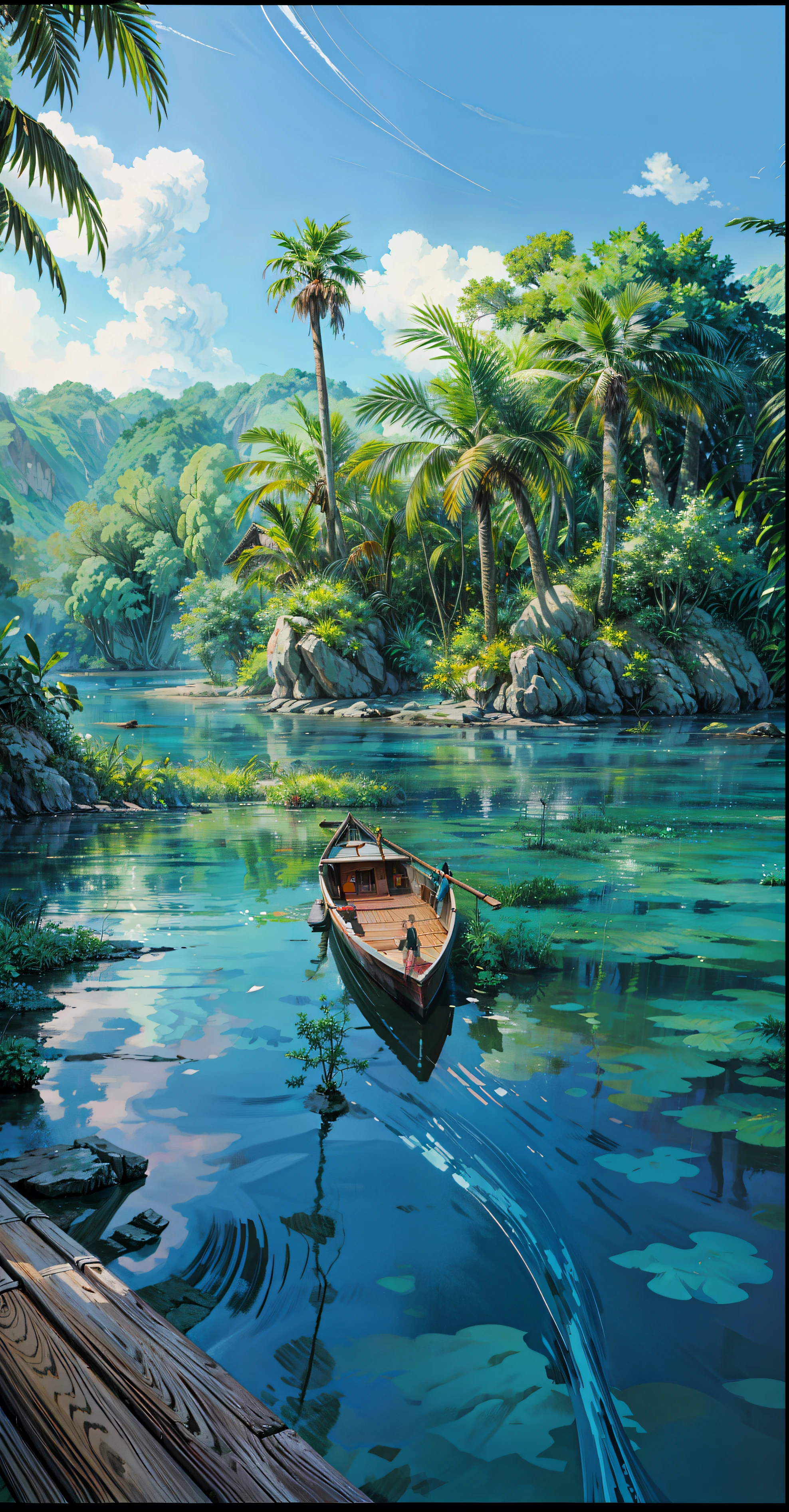 Boat parked in water, Rivers with excellent water quality, Indonesia, beautiful jungle landscape, beautiful water, Wet and lush jungle landscape, beautiful jungle, Snake River in the jungle, really Beautiful nature, Indonesia national geographic, Green Water, blue and green water, Crystal clear water, Beautiful nature, vibrant water river, The beauty of natural landscape, puddles of turquoise water, 4k HD,, Beautiful art UHD 4K, A beautiful artistic illustration, Beautiful digital painting, Highly detailed digital painting, Beautiful digital artwork, Detailed painting 4k, Highly detailed digital painting, The colors are brilliant and rich, Gorgeous digital painting