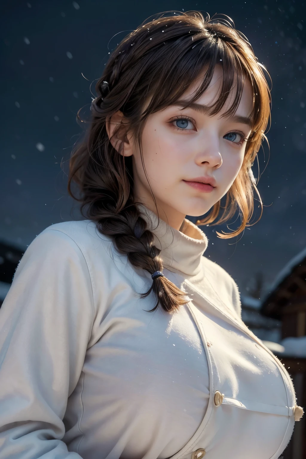8K,((masterpiece)), ((best quality)), (ultra-detailed), High detail, professional photograph, highest quality, floating hair, beautiful detailed, (((realistic))), hyper realistic character,natural lighting ,beautiful detailed eyes,1girl, solo,blunt bangs, realistic,(((Best quality))), Ultra detailed, 4k, 1 girl, beautiful detailed brown hair, braid hair, short hair, ((viewing from side)), (winter, night, beautiful detailed sky, stars, snowing), city, ((steam)), ((looking away)), holding coffee, wind, blush, light,(((shining white eyes))), wind, looking up, ((snow)), (((upper body))),bitter smile, confused, (sunshine, shade) (((snow crystal))), (big tits:1.7)