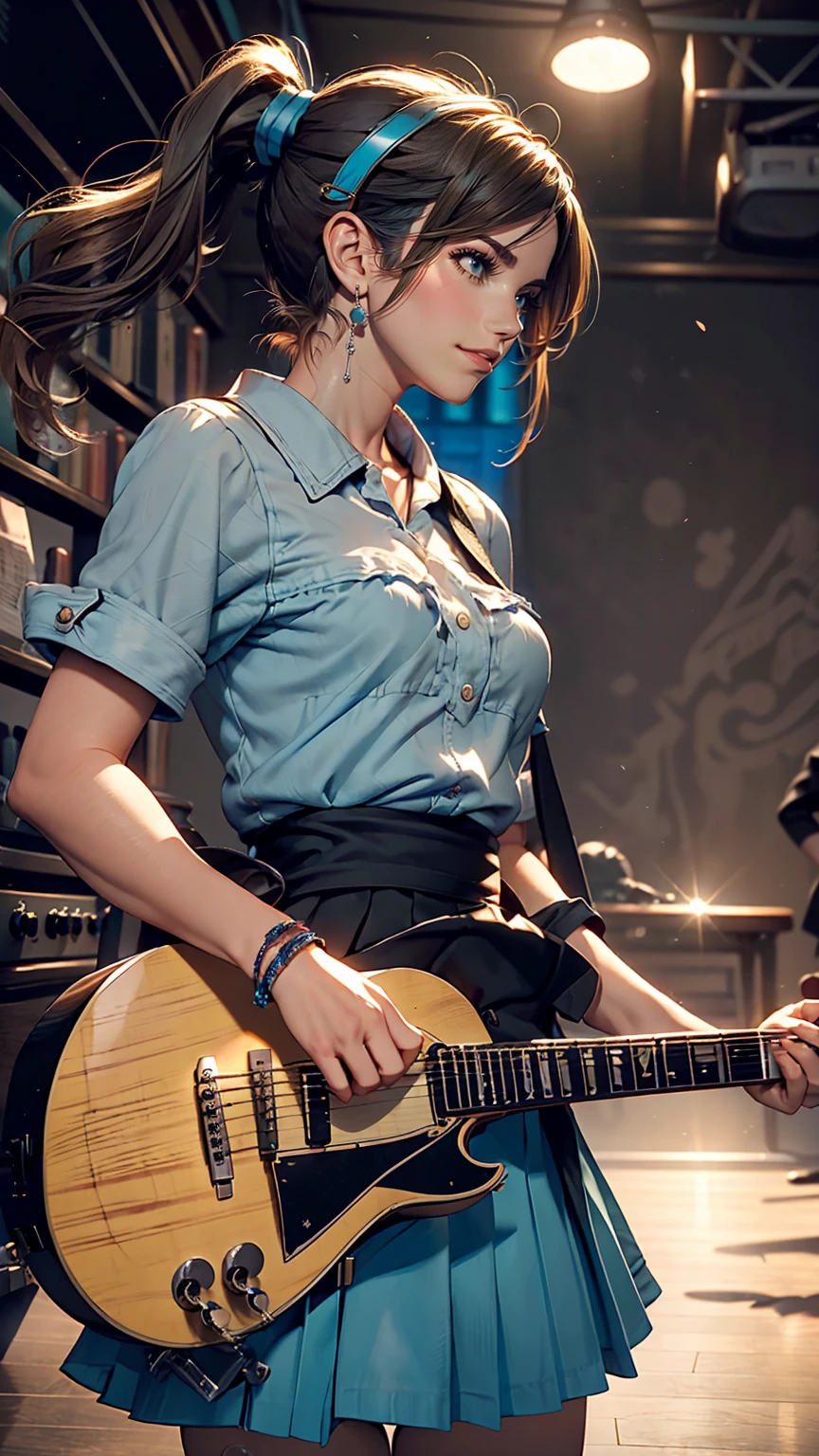 ((masterpiece, highest quality))One girl, alone, Black Dress, blue eyes, electric guitar, guitar, Headphones, Double Ponytail, Holding, Holding plectrum, musical instrument, Long Hair, music, One side up, Turquoise Hair, Twin tails, guitarを弾く, Pleated skirt, Black Shirt, interior