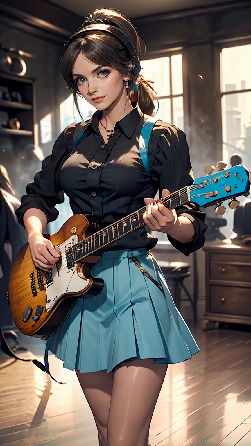 ((masterpiece, highest quality))One girl, alone, Black Dress, blue eyes, electric guitar, guitar, Headphones, Double Ponytail, Holding, Holding plectrum, musical instrument, Long Hair, music, One side up, Turquoise Hair, Twin tails, guitarを弾く, Pleated skirt, Black Shirt, interior