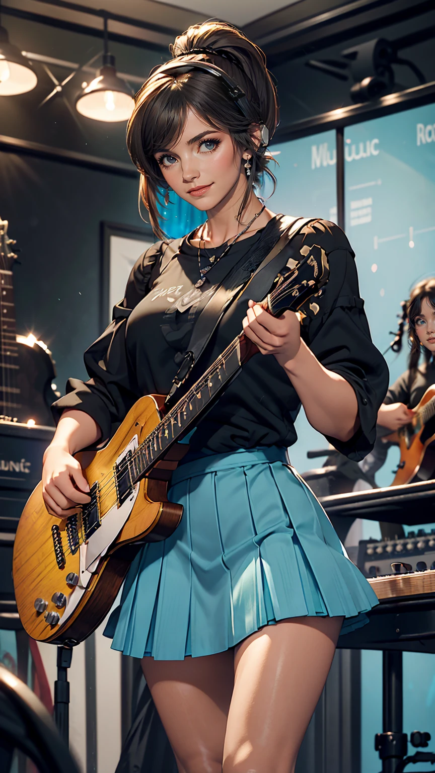 ((masterpiece, highest quality))One girl, alone, Black Dress, blue eyes, electric guitar, guitar, Headphones, Double Ponytail, Holding, Holding plectrum, musical instrument, Long Hair, music, One side up, Turquoise Hair, Twin tails, guitarを弾く, Pleated skirt, Black Shirt, interior