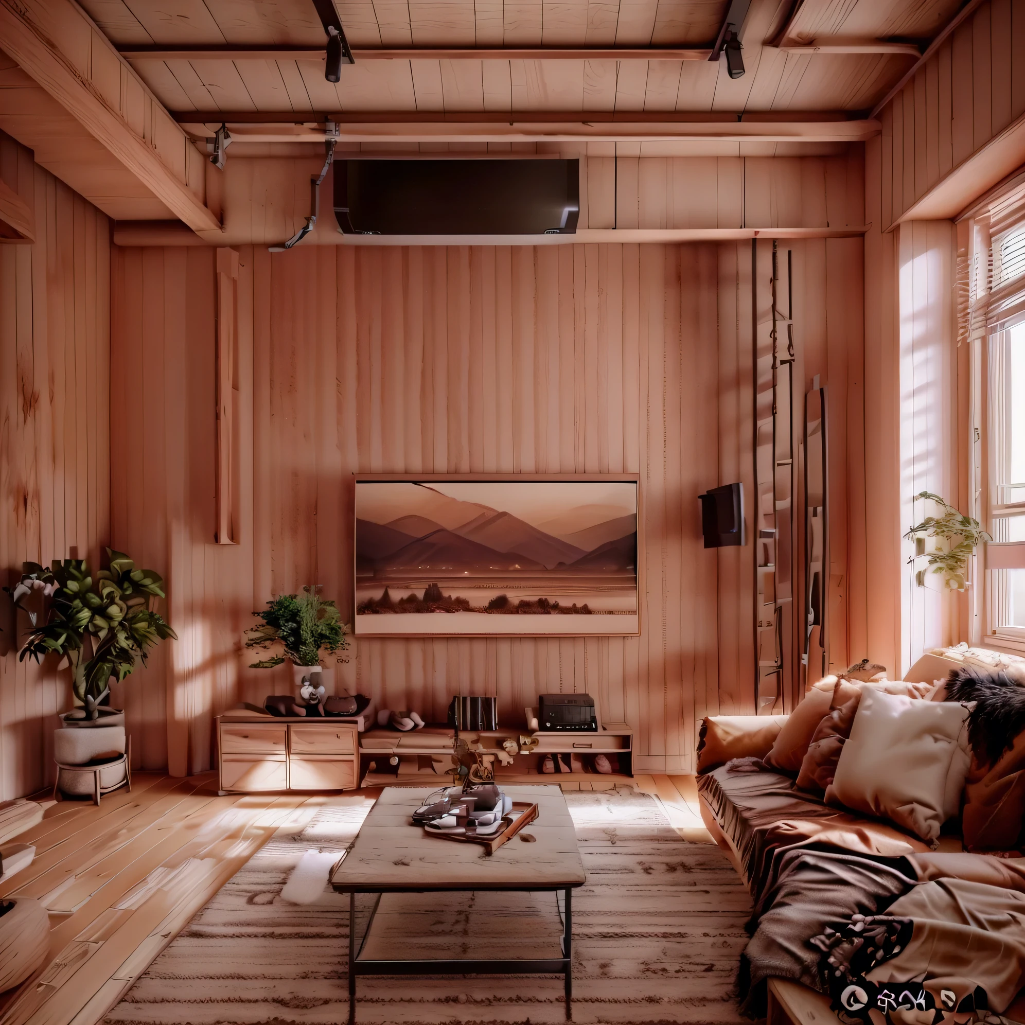 there is a living room with a couch, coffee table, and television, 4 k ], 4k], shot with canon eoa 6 d mark ii, wood accents, inside a cozy apartment, modern rustic, 4k), 4 k ), living room wall background, interior photography, 4k post, 4 k post, rustic, wood panel walls, living room