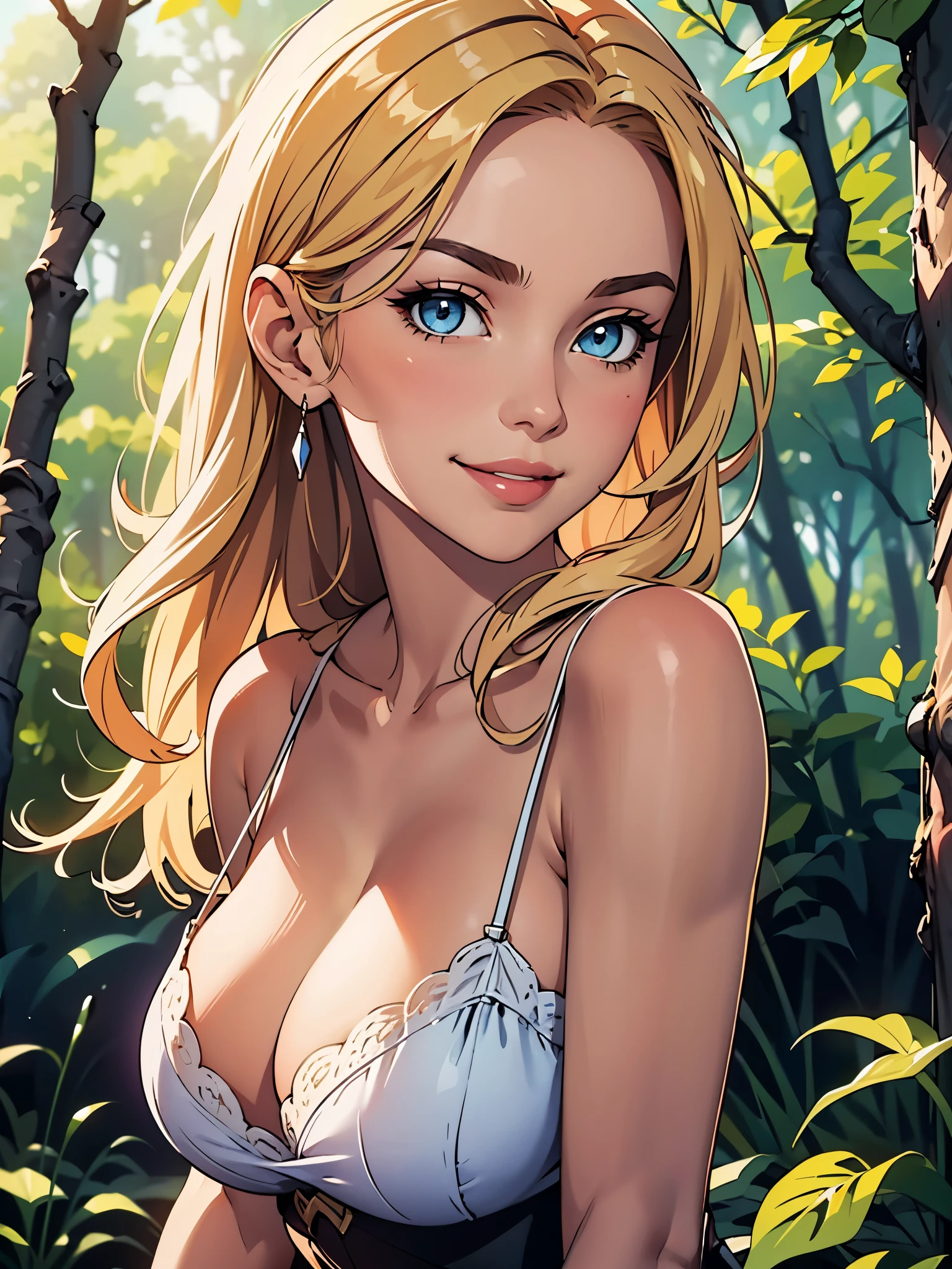 1lady, solo, mature female, long blonde hair, blue eyes, masterpiece, best quality:1.2) delicate illustration, ultra-detailed, blush kind smile, upper body, (from side), (looking at viewer), huge breasts, (cleavage), seductive pose, forest  provocative smirk, sultry look, seductive, 