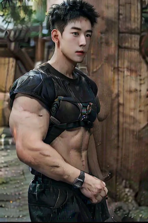 top-quality、​masterpiece、超A high resolution、(realisitic:1.4)、详细的脸、独奏、１human male、The upper part of the body、Dark hair、glistning skin、dense skin、((asian human))、architectural、(absurderes、hight resolution、ultra-detailliert)、、1 male、Adults、(20-year-old man)、tall muscular man、broad shoulder、extra very short hair、angular jaws、thick neck、thick eyebrow、((extra very short hair))、A dark-haired、fine eyes and detailed face、 Highly detailed CG Unity 8K wallpapers、intricate-detail、(Style Swirl Magic:0.7)、looking at the spectator、独奏、(full body Esbian:0.6)、细致背景、A detailed face、dynamicposes、、Urban background、dynamic compositions、 big muscle、、(((Crotch bulge)))、 ((masutepiece:1.4, Best Quality)), ((masutepiece, Best Quality)), (photographrealistic:1.4)、(((soldier)))、vests、 Pubic hair, Open legs, Arms raised and crossed behind the back, abdominals, ((Erection 1.2)), emphasis, (Moccoli: 1.4), (Manly chest plate)), Sweating,, Blood vessels in the arm、military outfits、pistols、Survival Costume、Wearing a military uniform、Cargo pants、(( (embers、battle field、Volumetric fog、Gray fog、、(Silk ???????:1.1)、spider webs、(chains:1.1)、(On a dark moonlit night:1.6)、(eery)Ancient dungeons:1.2)、In a heavily guarded cage、Moonlight shines through a small window。 (In the center of the screen is the、There is a male assassin struggling to escape from shackles:1.4)、(He breaks a thick iron chain)Incredible strength:1.3)、(Werewolves guarding the prison come from all sides with weapons:1.5)、(building destroyed:1.2)、(Ruined Wall:1.1)、(scarred:1.3)、
